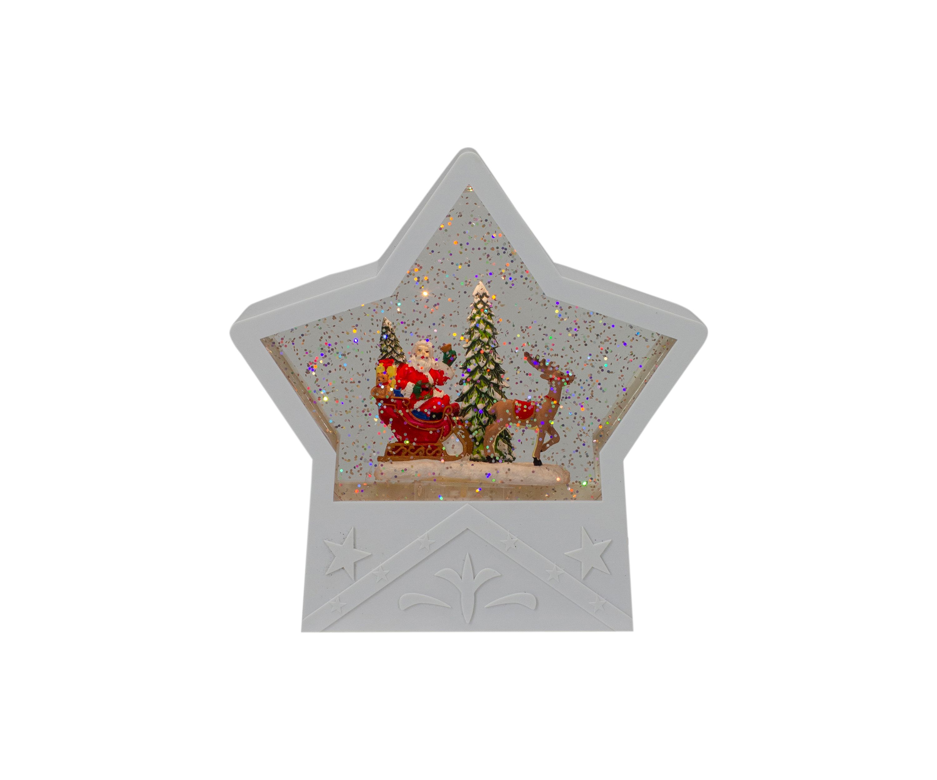 7Inch Lighted White Star Christmas Snow Globe with Santa in Sleigh