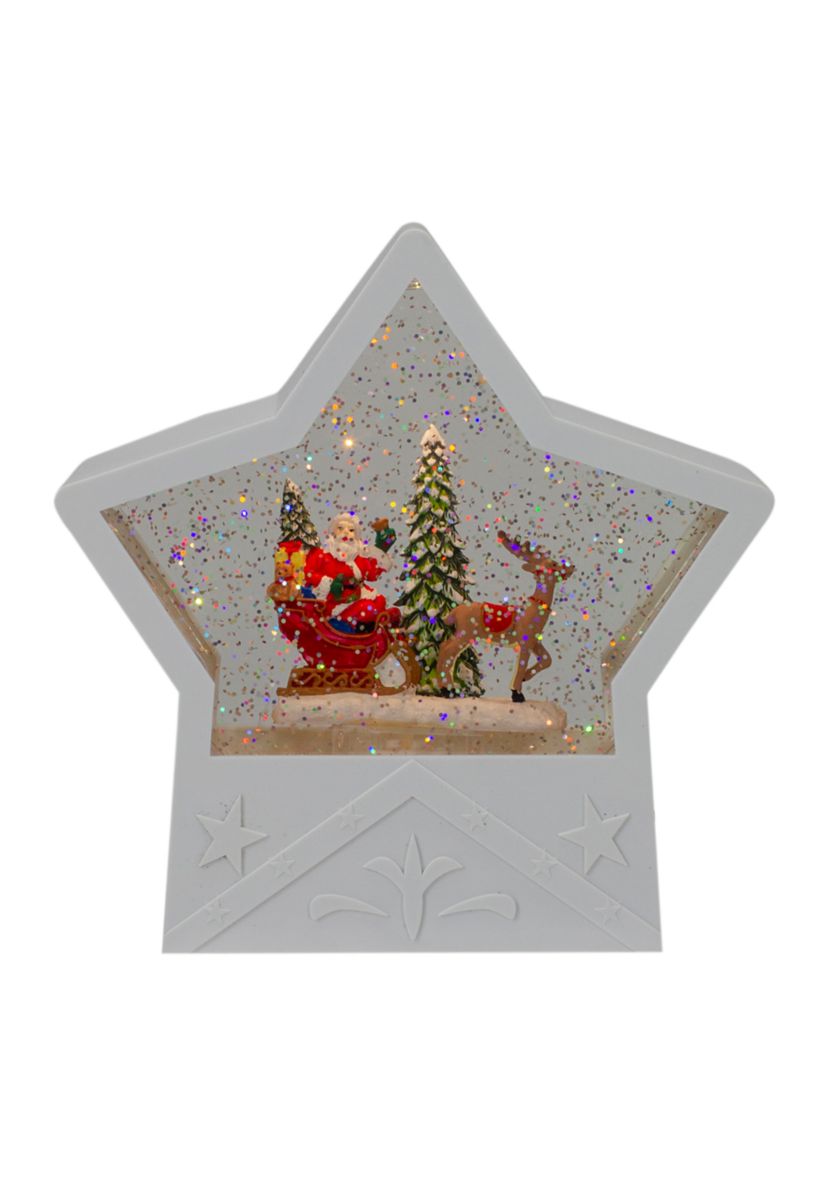 7Inch Lighted White Star Christmas Snow Globe with Santa in Sleigh