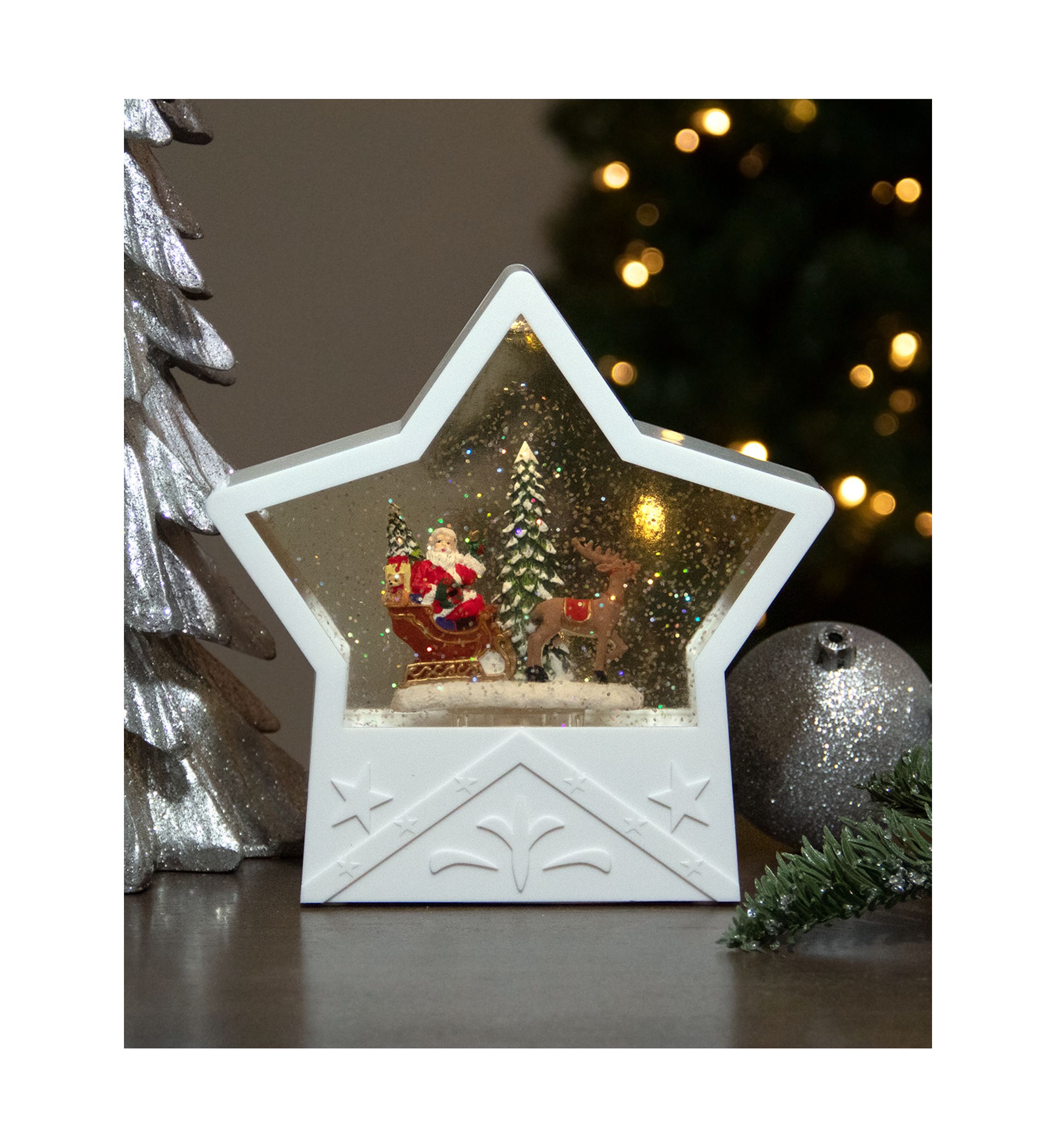 7Inch Lighted White Star Christmas Snow Globe with Santa in Sleigh