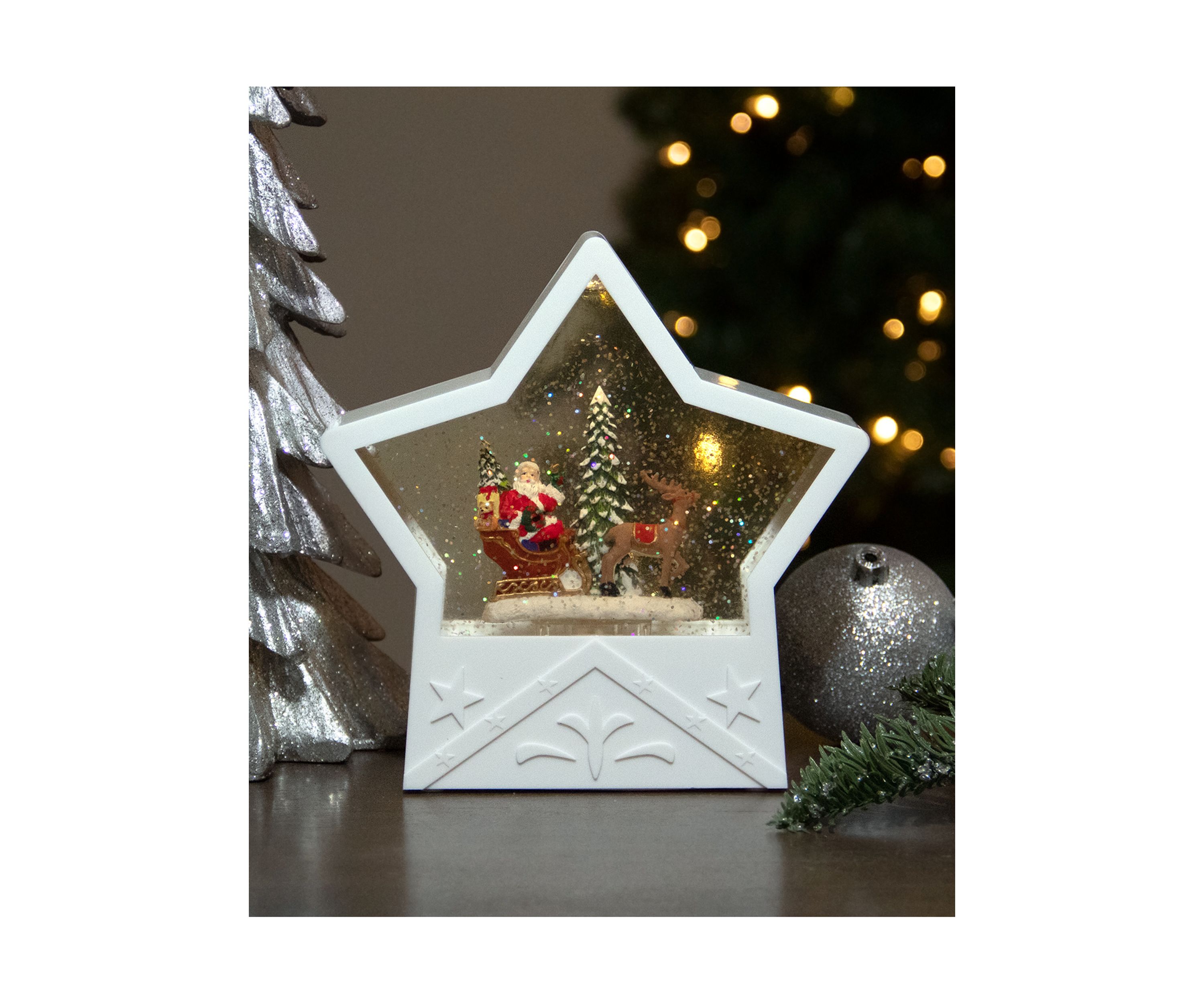 7Inch Lighted White Star Christmas Snow Globe with Santa in Sleigh
