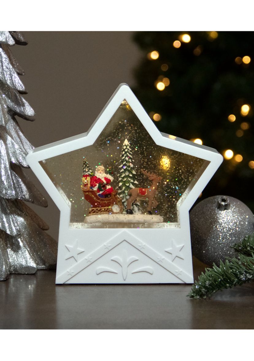 7Inch Lighted White Star Christmas Snow Globe with Santa in Sleigh
