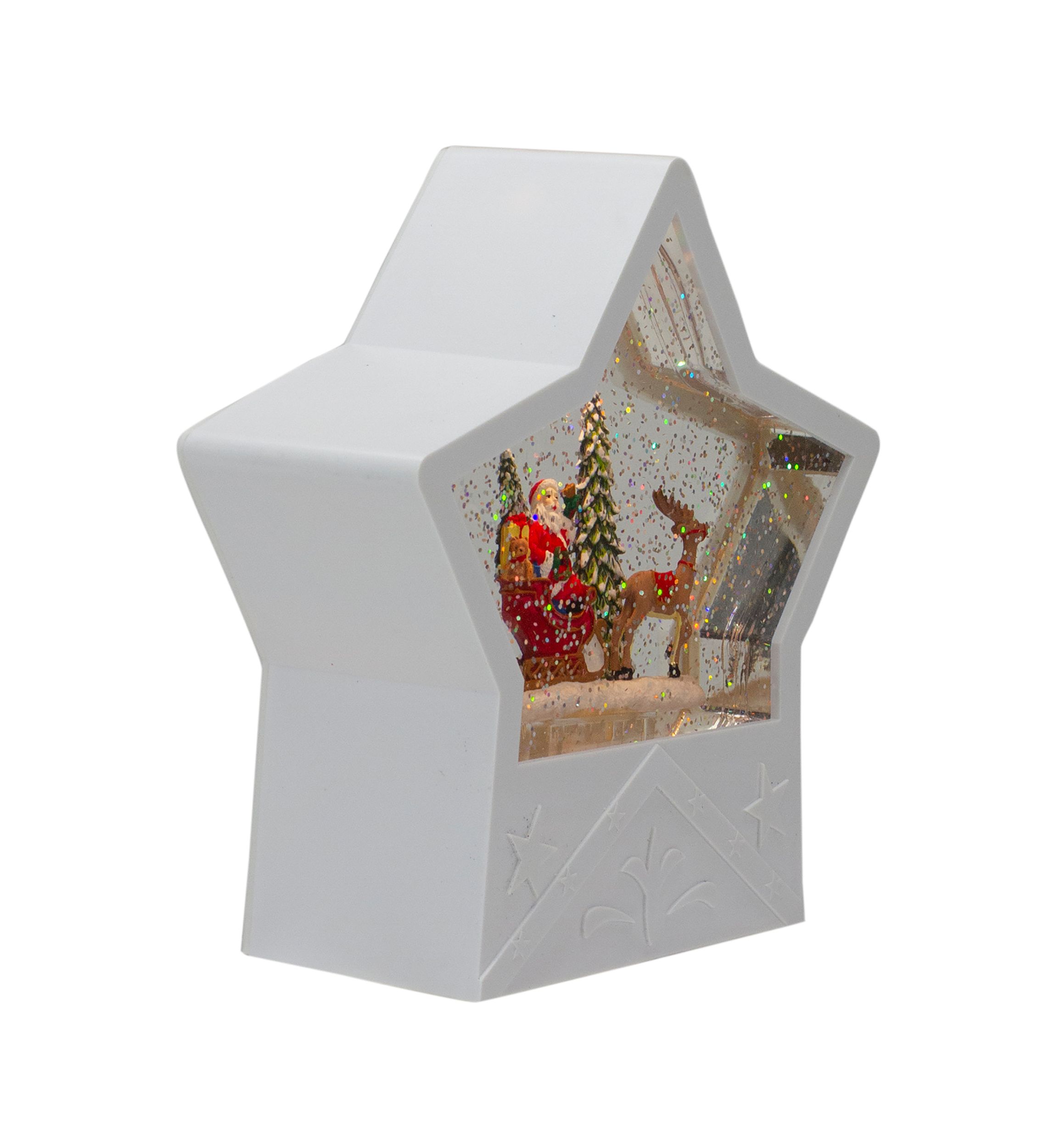 7Inch Lighted White Star Christmas Snow Globe with Santa in Sleigh