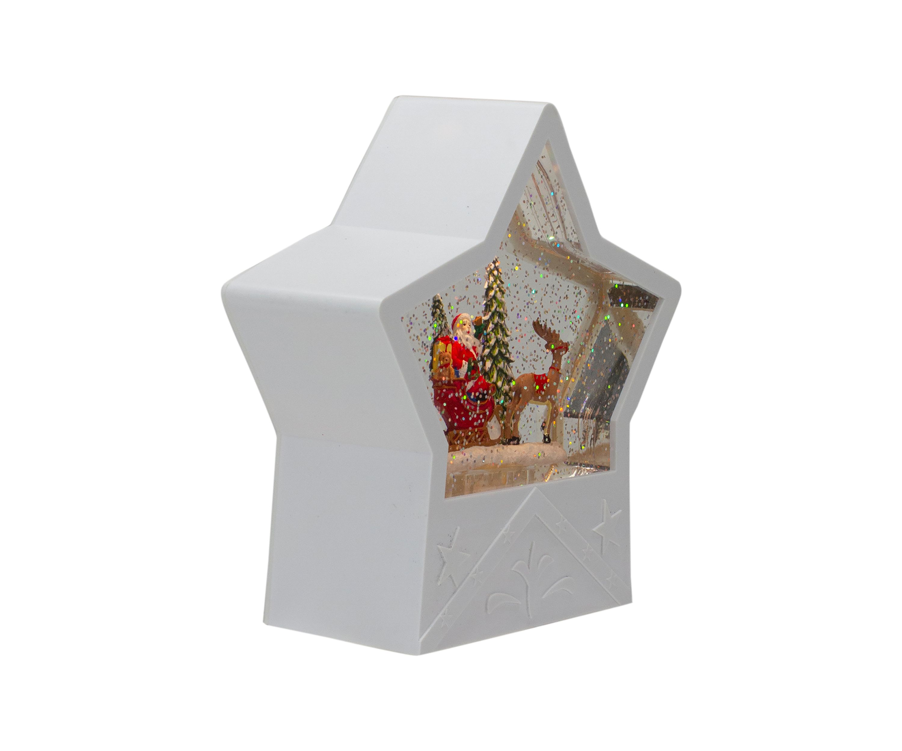 7Inch Lighted White Star Christmas Snow Globe with Santa in Sleigh