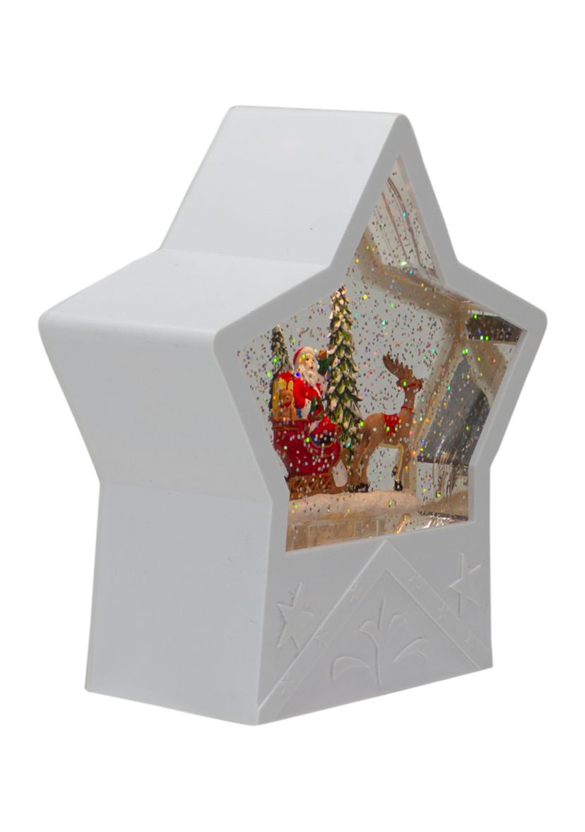 7Inch Lighted White Star Christmas Snow Globe with Santa in Sleigh