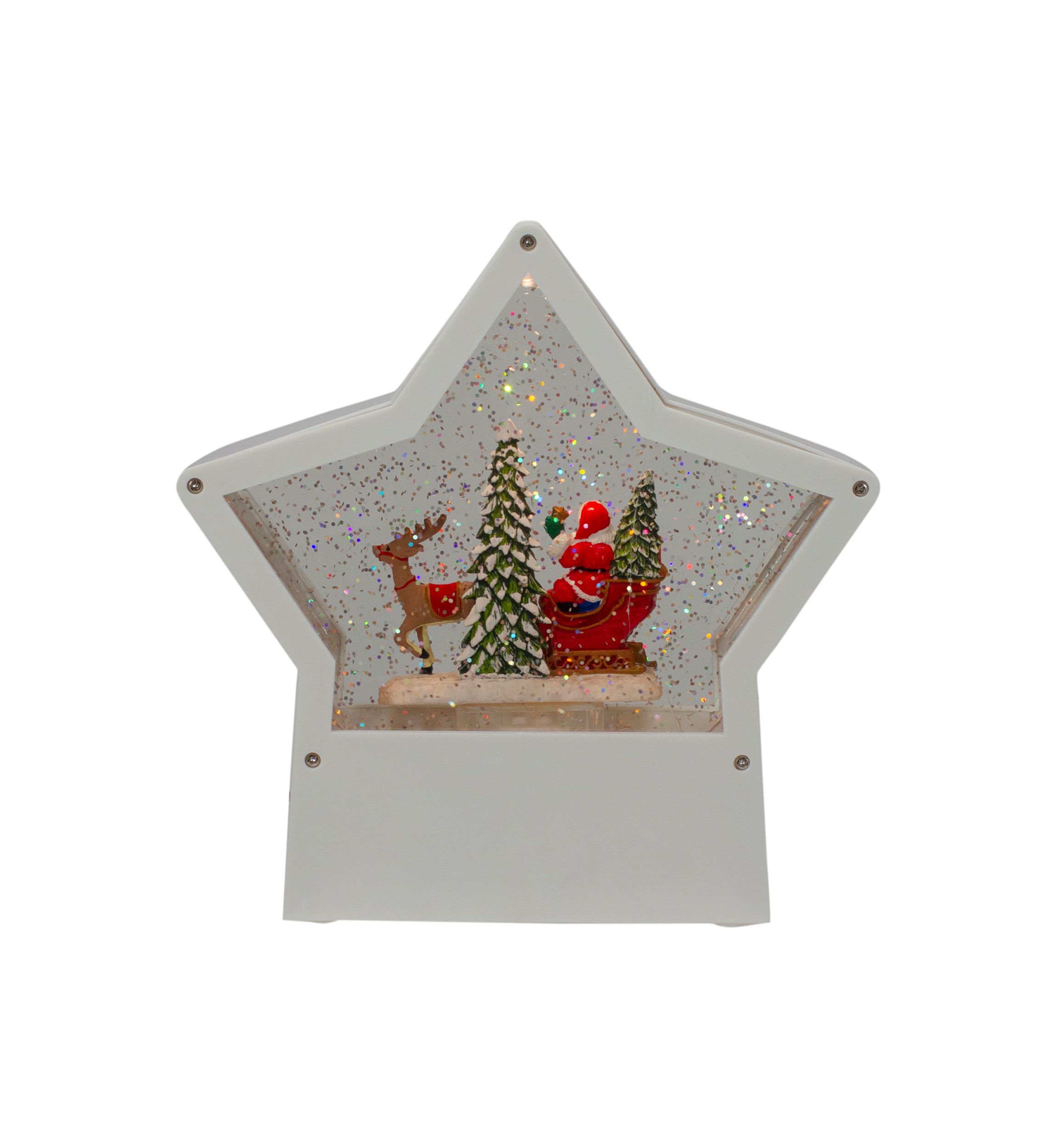 7Inch Lighted White Star Christmas Snow Globe with Santa in Sleigh