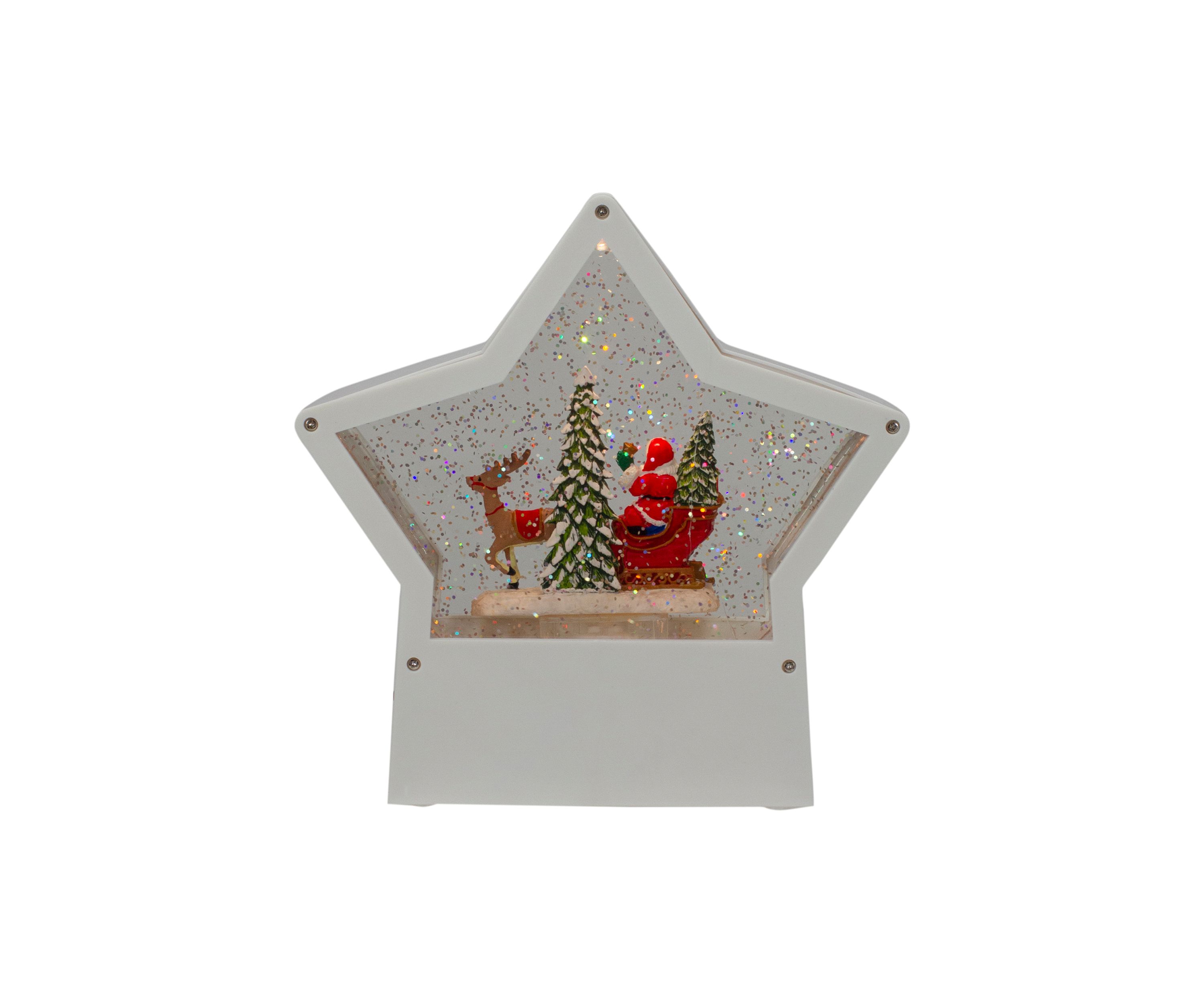 7Inch Lighted White Star Christmas Snow Globe with Santa in Sleigh