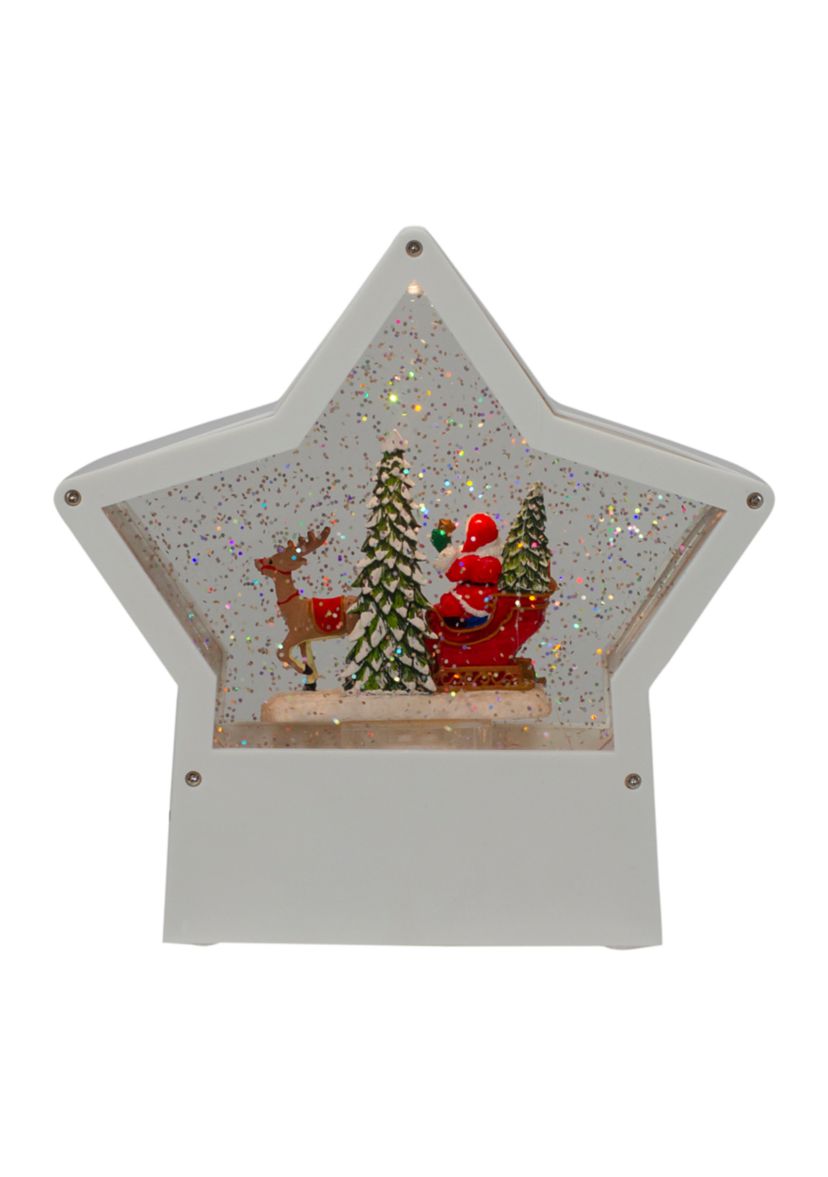 7Inch Lighted White Star Christmas Snow Globe with Santa in Sleigh