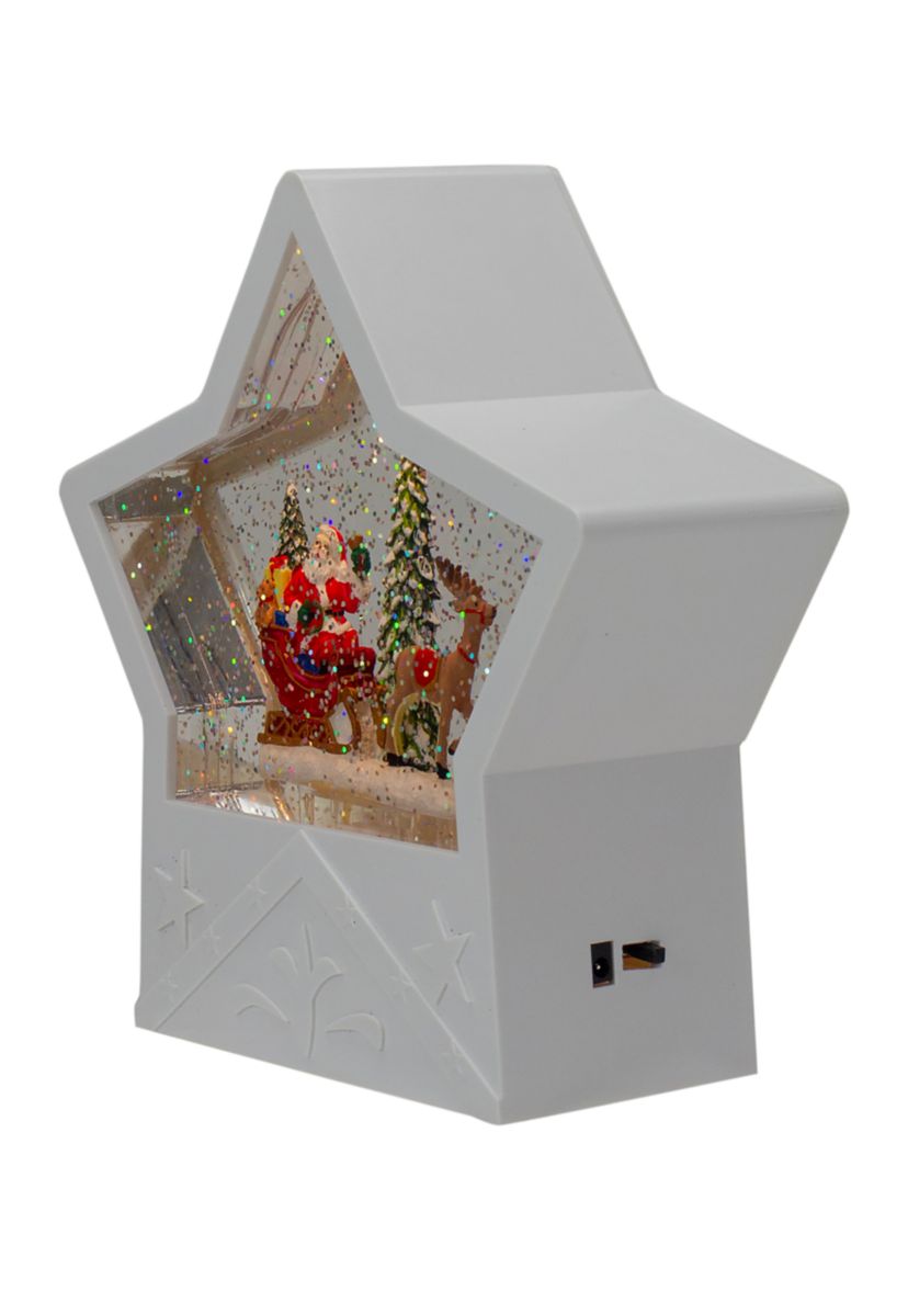 7Inch Lighted White Star Christmas Snow Globe with Santa in Sleigh