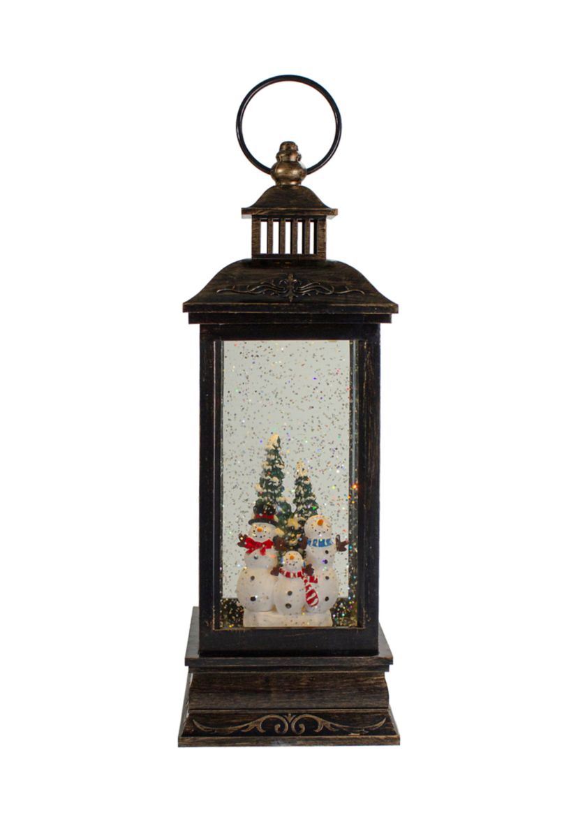 11Inch Black with Brushed Gold LED Snowman Family Christmas Lantern Snow Globe
