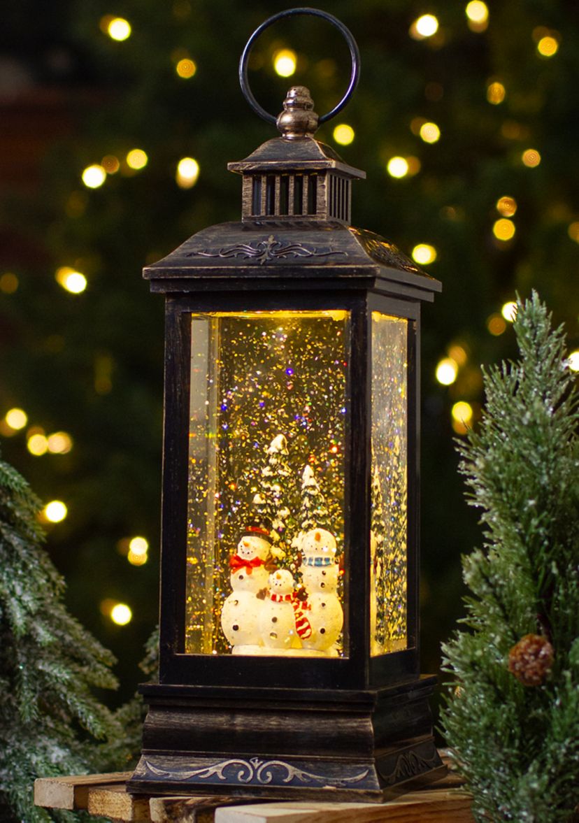 11Inch Black with Brushed Gold LED Snowman Family Christmas Lantern Snow Globe