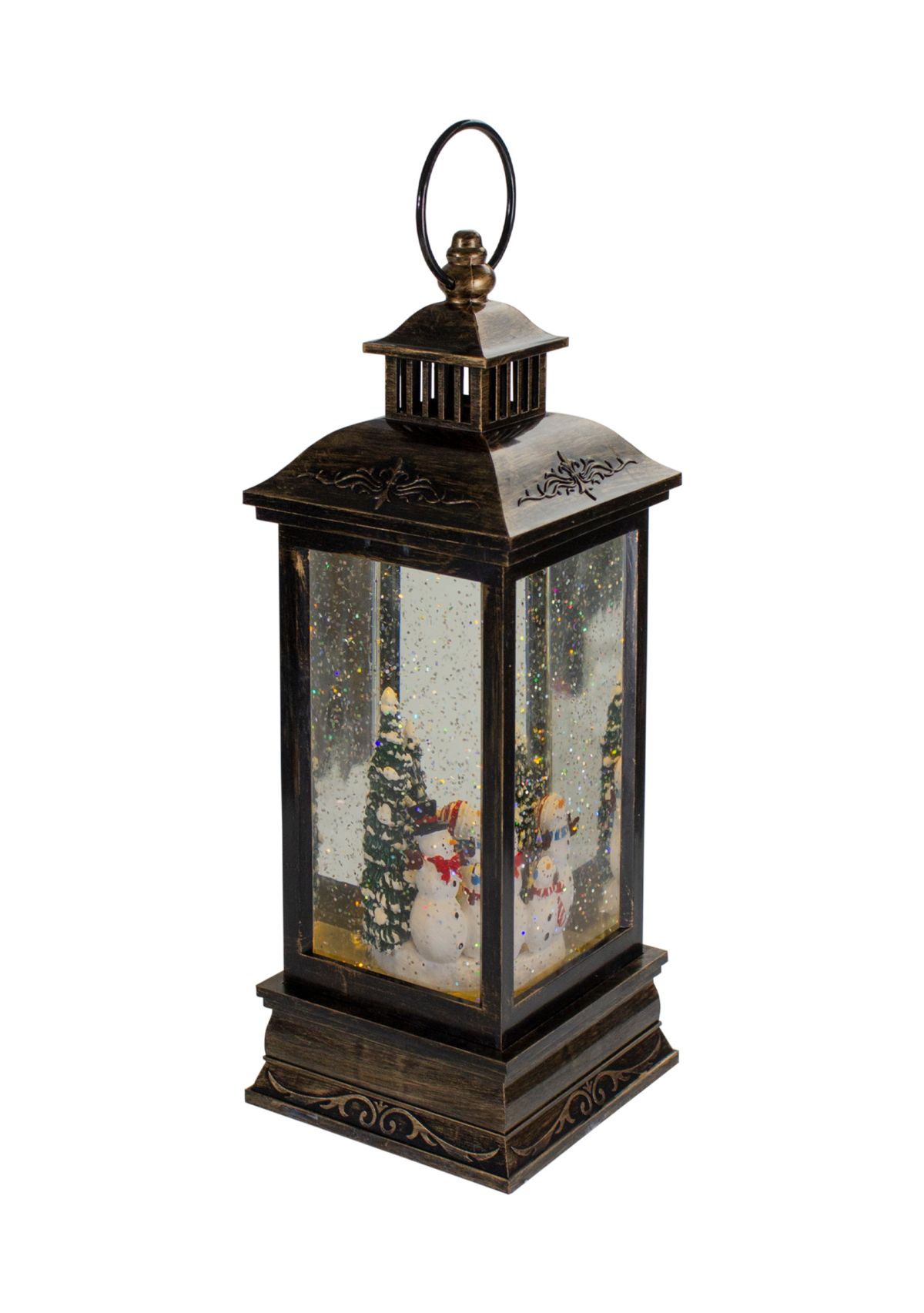 11Inch Black with Brushed Gold LED Snowman Family Christmas Lantern Snow Globe