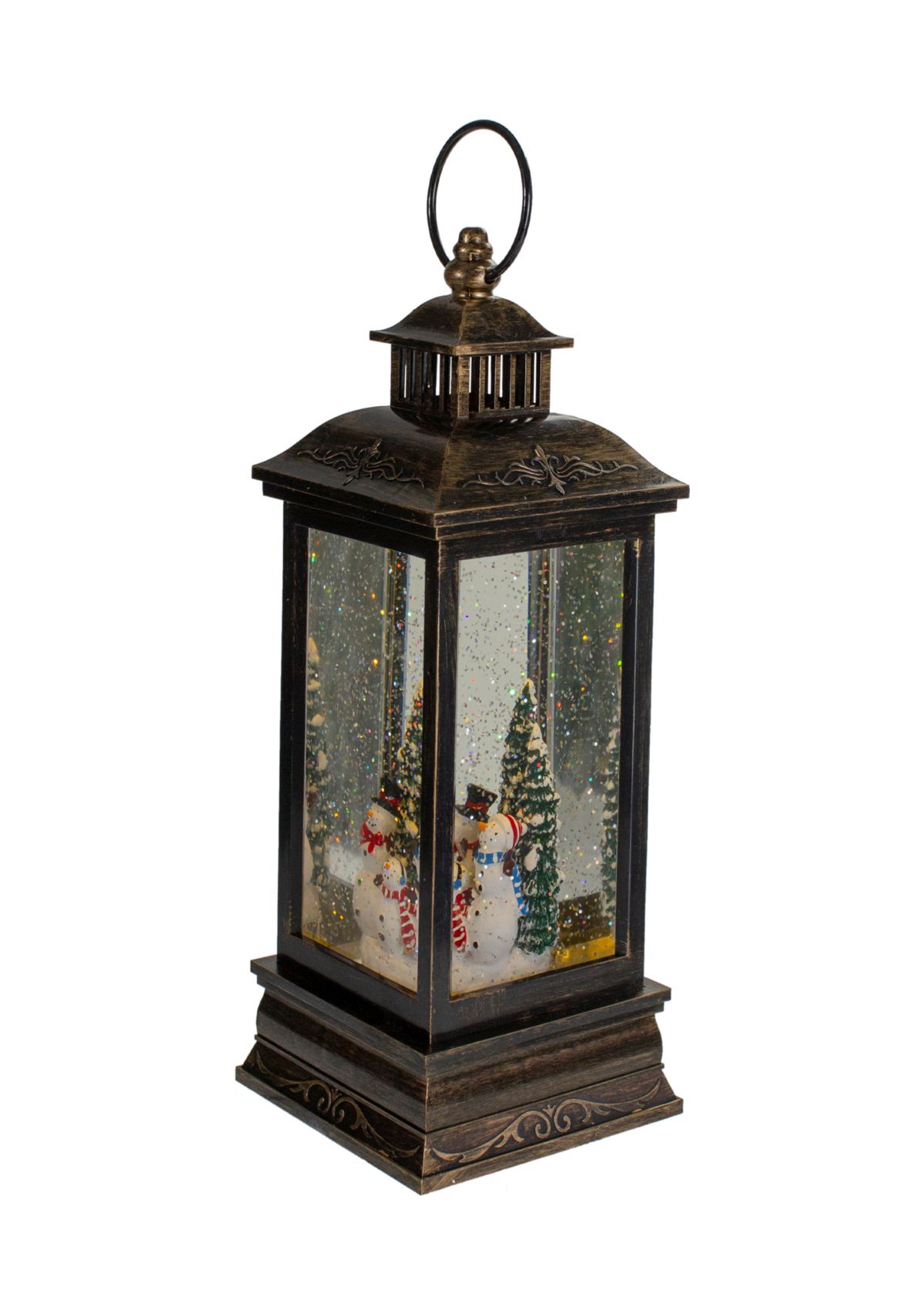 11Inch Black with Brushed Gold LED Snowman Family Christmas Lantern Snow Globe