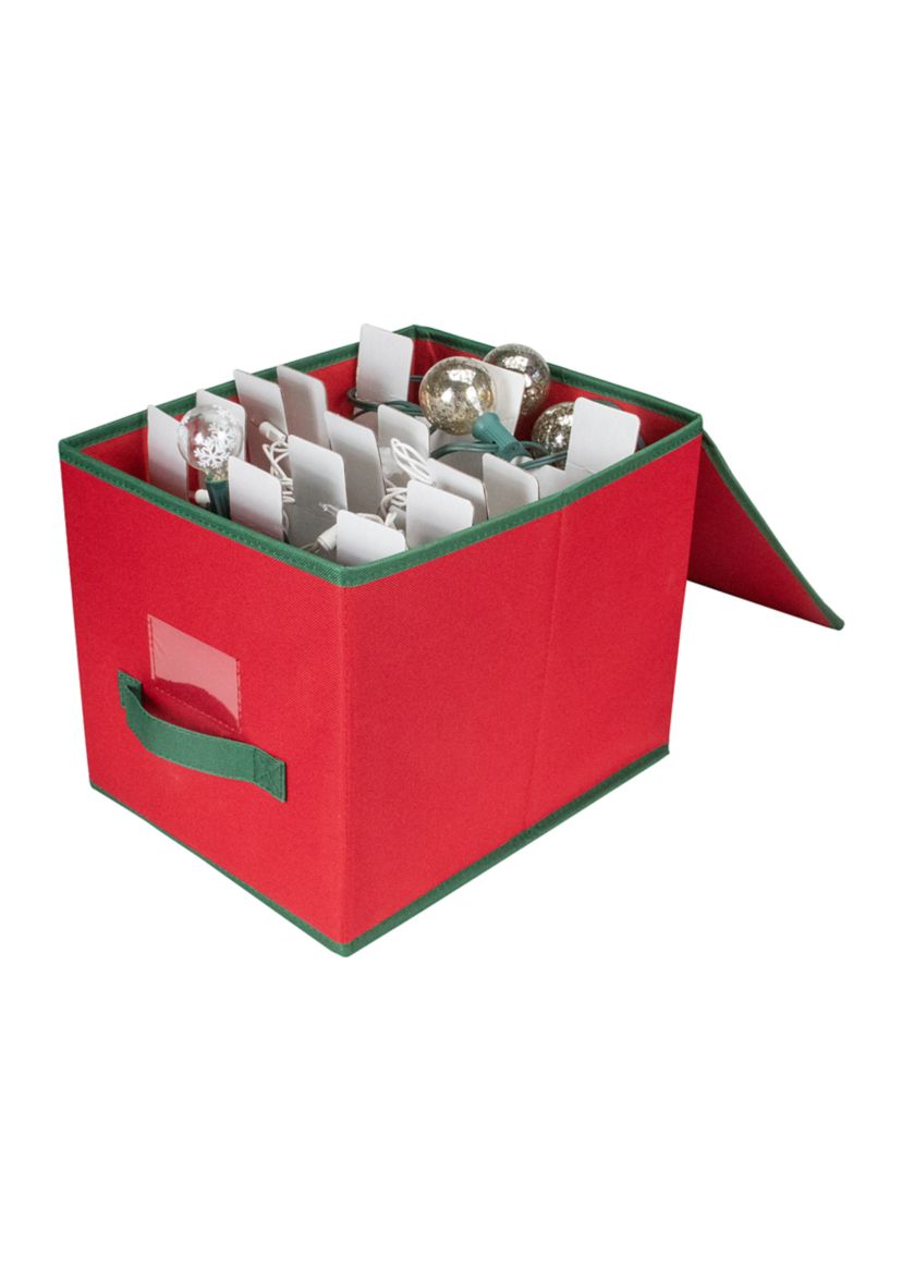 13" Red and Green Christmas Ornament Storage Box with Removable Dividers