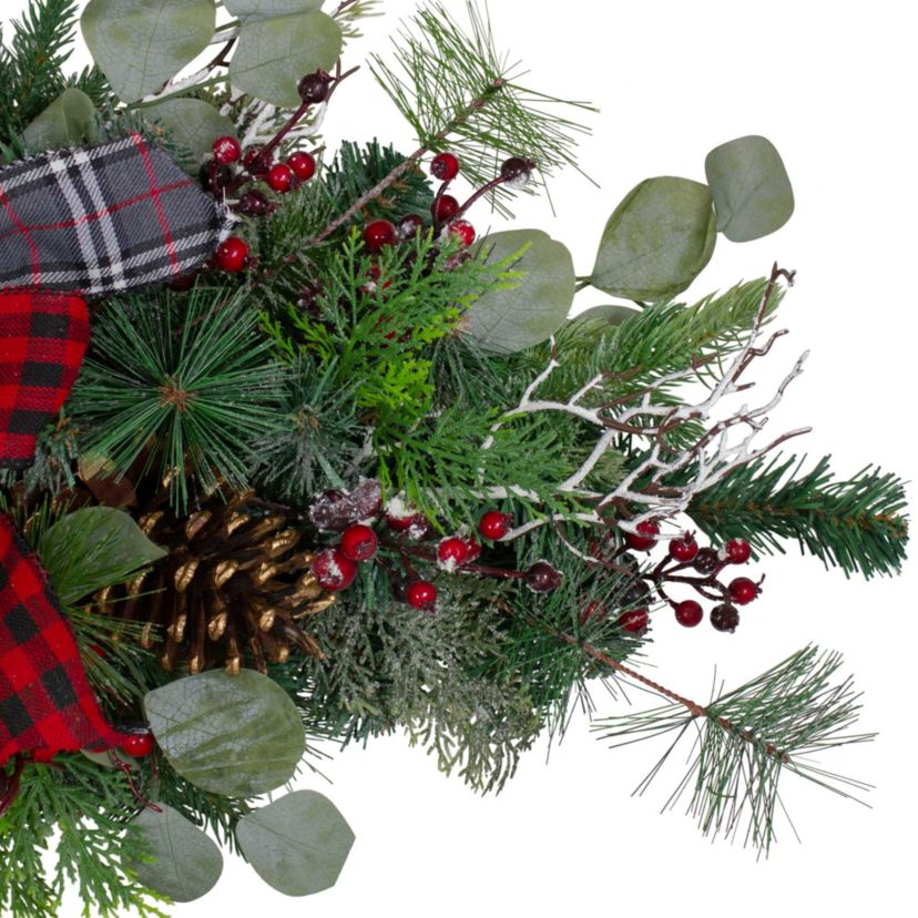 36" Dual Plaid Bows and Red Berries Artificial Christmas Swag - Unlit