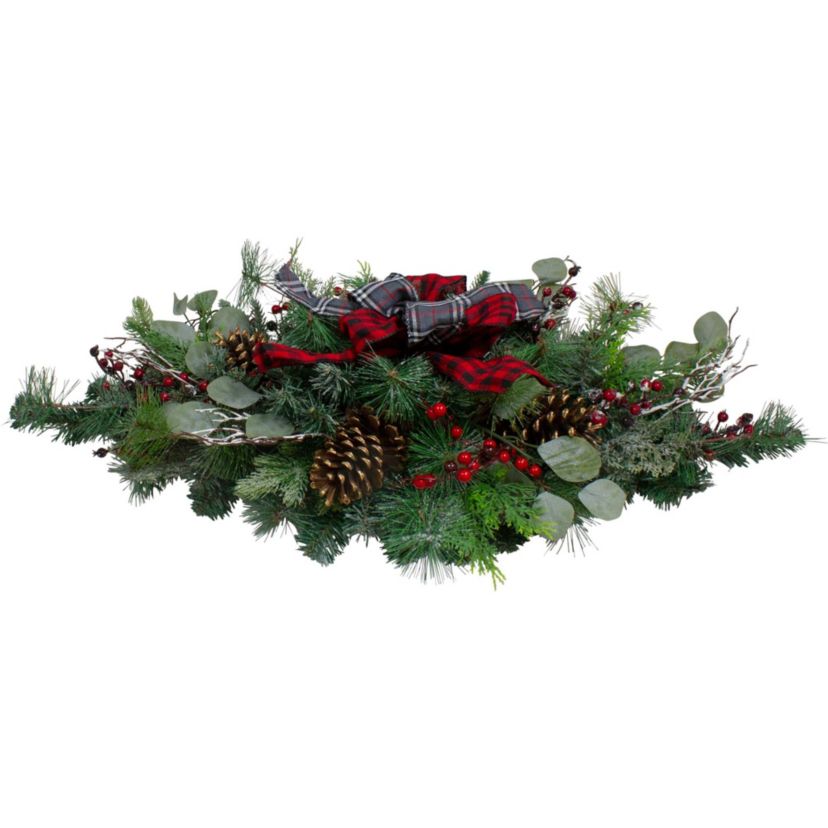 36" Dual Plaid Bows and Red Berries Artificial Christmas Swag - Unlit