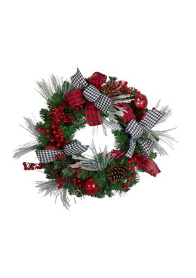 Plaid and Houndstooth and Red Berries Artificial Christmas Wreath - 24-Inch  Unlit