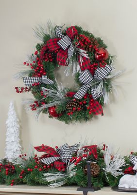 Plaid and Houndstooth and Red Berries Artificial Christmas Wreath - 24-Inch  Unlit