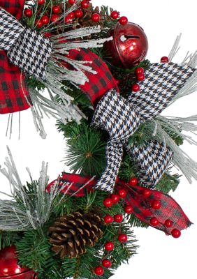 Plaid and Houndstooth and Red Berries Artificial Christmas Wreath - 24-Inch  Unlit