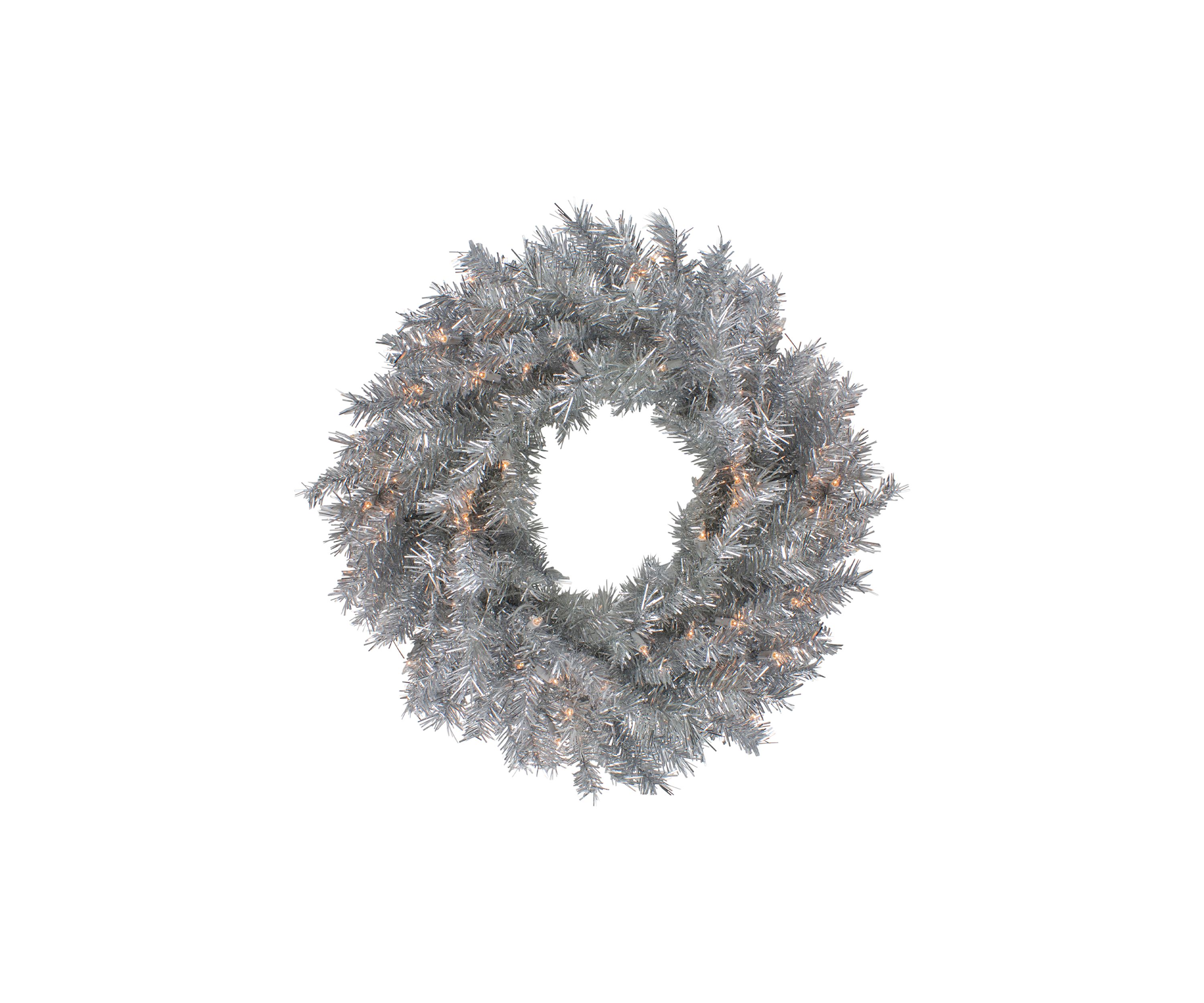 24Inch Silver Tinsel Artificial Christmas Wreath  Clear Lights