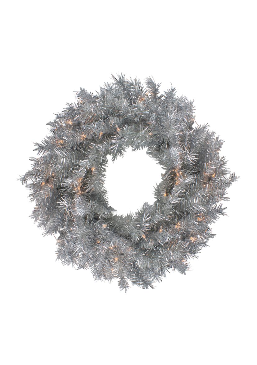 24Inch Silver Tinsel Artificial Christmas Wreath  Clear Lights