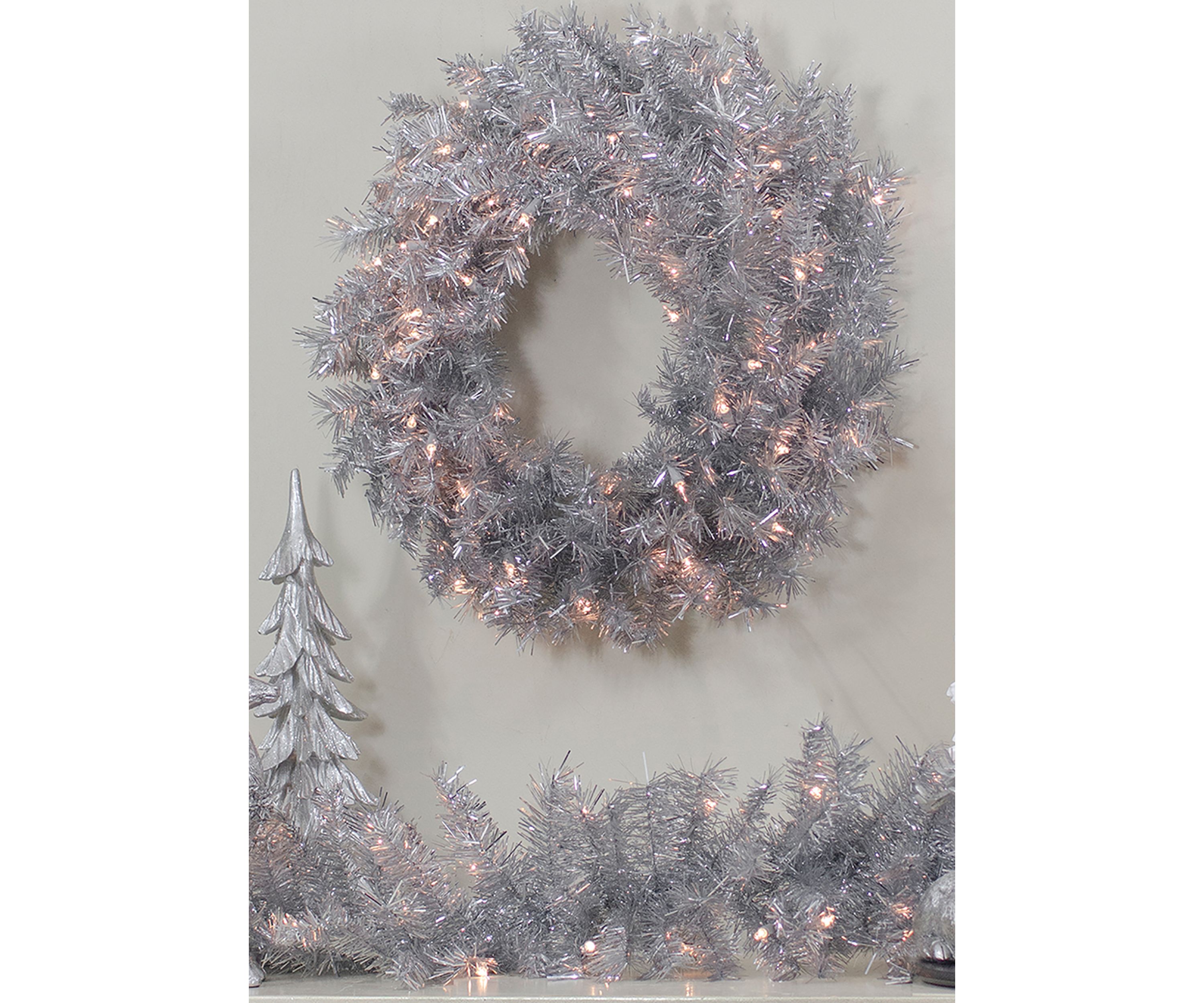 24Inch Silver Tinsel Artificial Christmas Wreath  Clear Lights