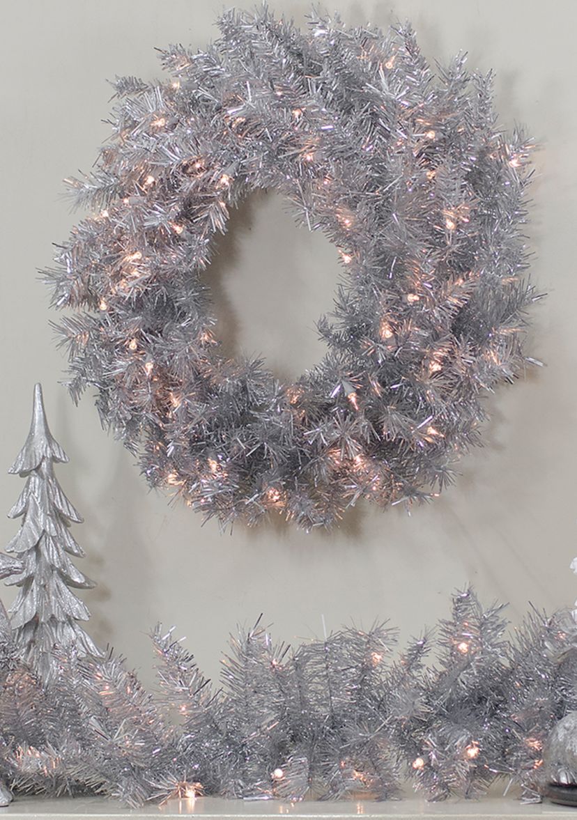 24Inch Silver Tinsel Artificial Christmas Wreath  Clear Lights