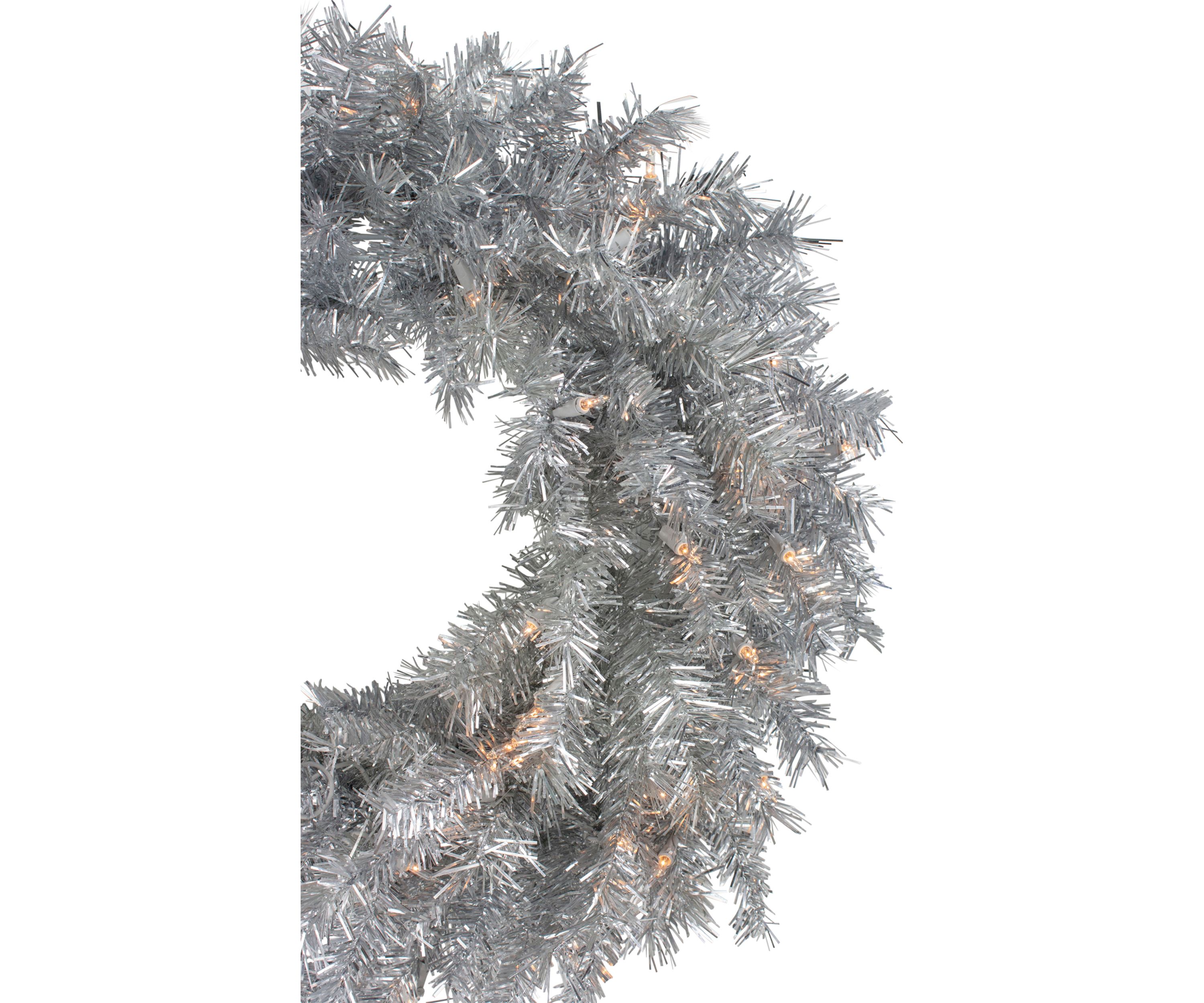 24Inch Silver Tinsel Artificial Christmas Wreath  Clear Lights