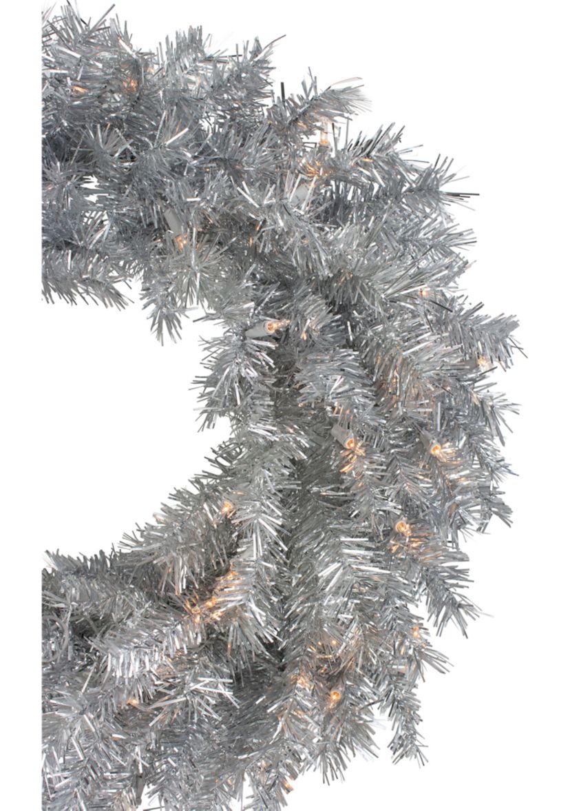 24Inch Silver Tinsel Artificial Christmas Wreath  Clear Lights