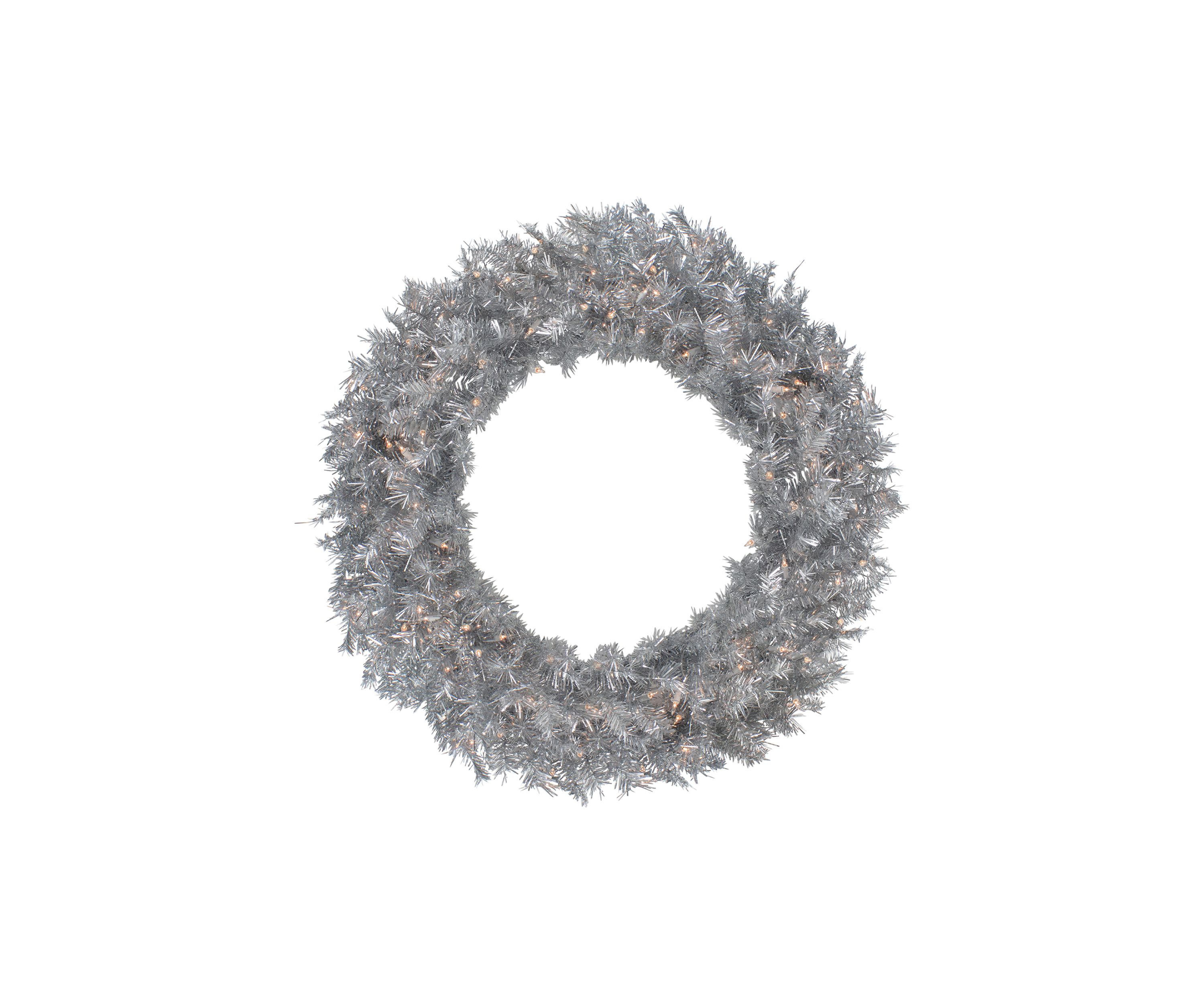 36 Inch Pre-Lit Silver Tinsel Artificial Christmas Wreath  Clear Lights
