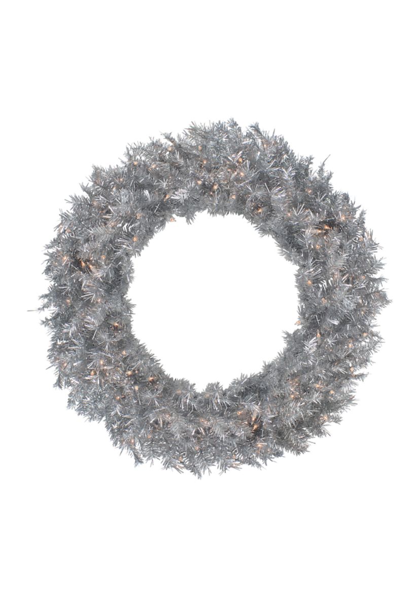 36 Inch Pre-Lit Silver Tinsel Artificial Christmas Wreath  Clear Lights
