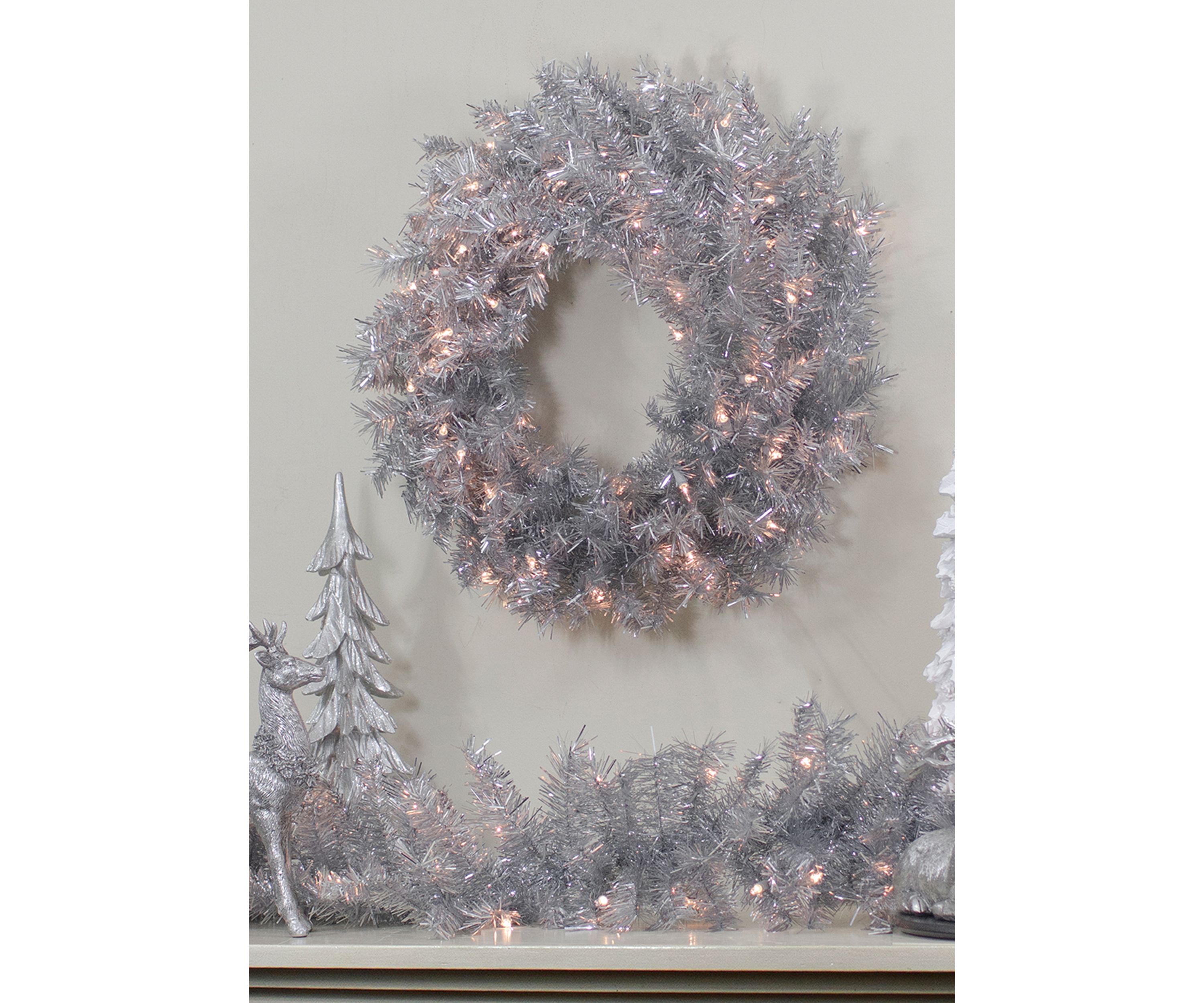 36 Inch Pre-Lit Silver Tinsel Artificial Christmas Wreath  Clear Lights