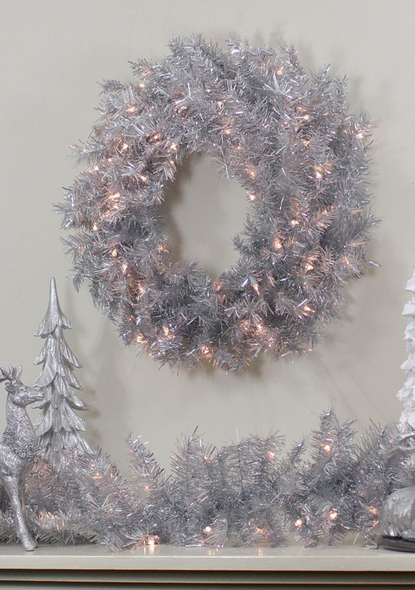 36 Inch Pre-Lit Silver Tinsel Artificial Christmas Wreath  Clear Lights