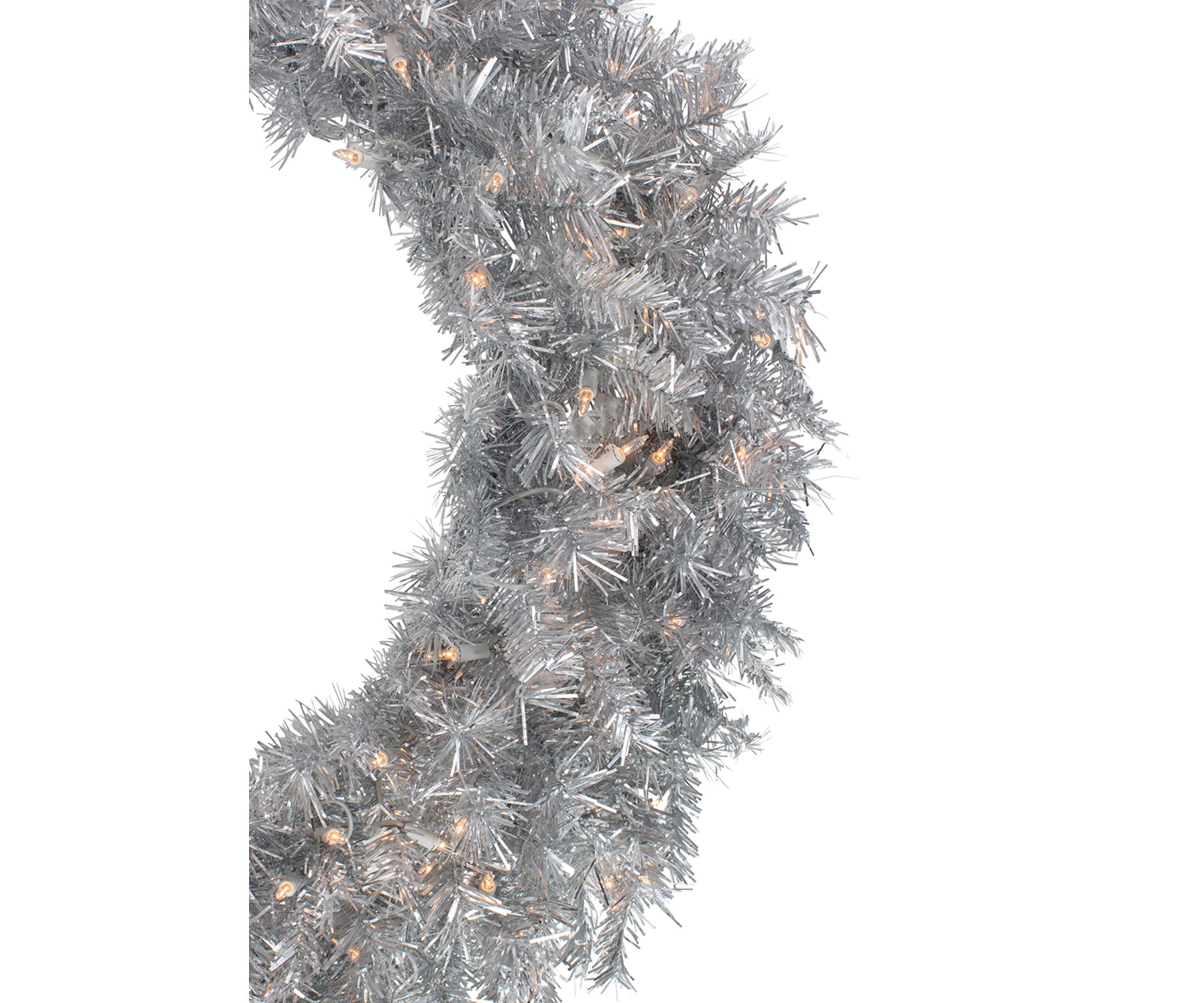 36 Inch Pre-Lit Silver Tinsel Artificial Christmas Wreath  Clear Lights