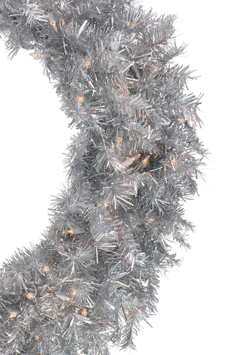 36 Inch Pre-Lit Silver Tinsel Artificial Christmas Wreath  Clear Lights