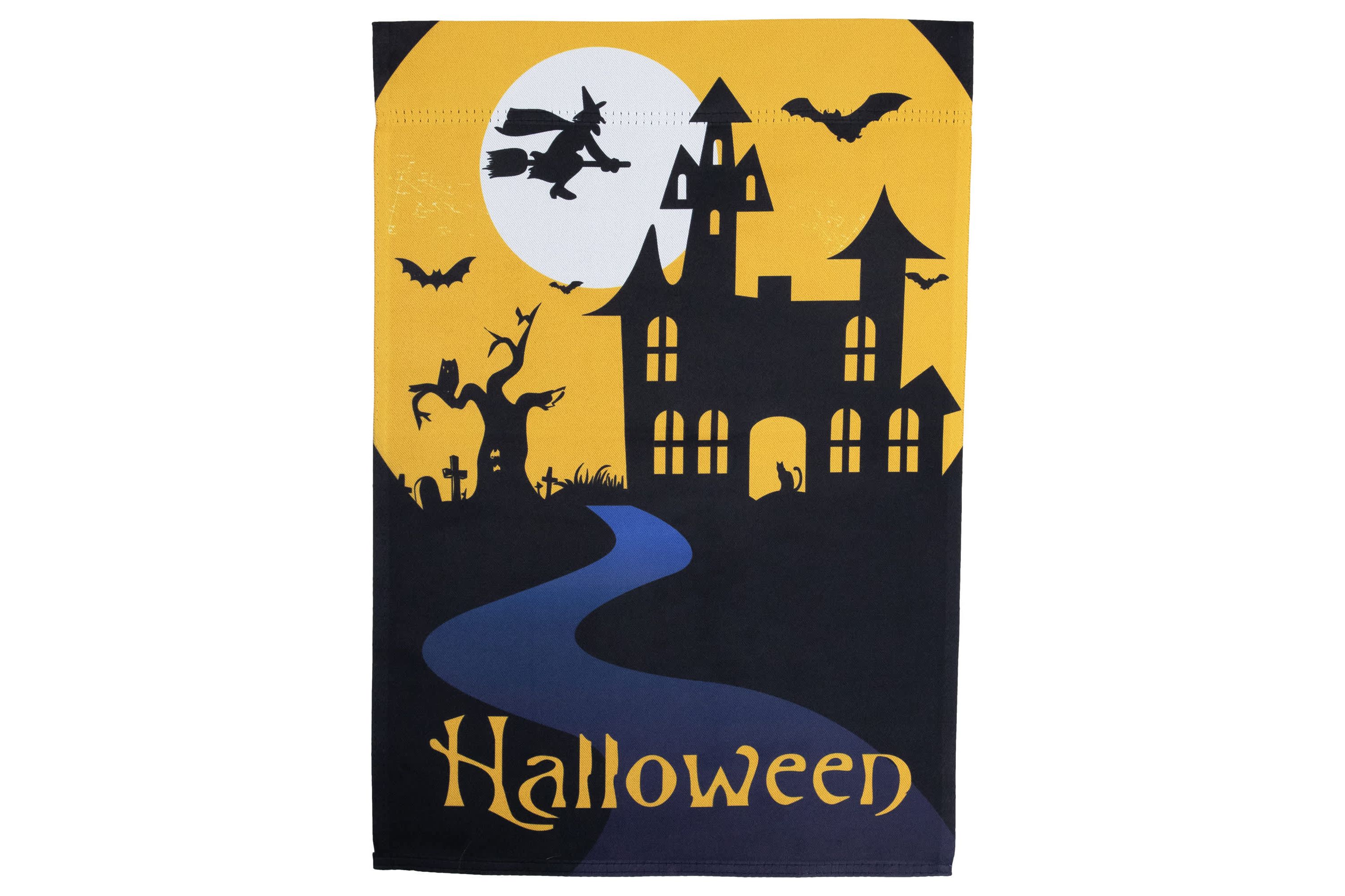 Haunted House with Flying Witch Halloween Outdoor Garden Flag - 18" x 12.5"