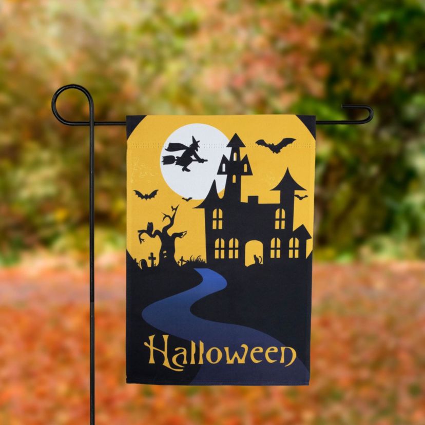 Haunted House with Flying Witch Halloween Outdoor Garden Flag - 18" x 12.5"