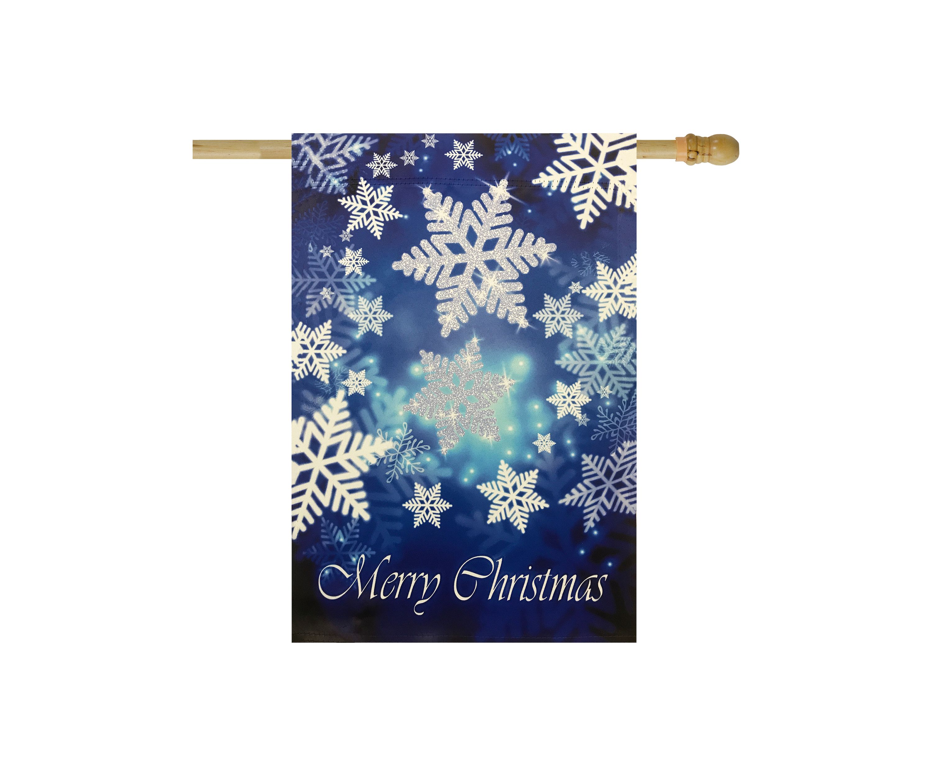 Merry Christmas and Snowflakes Blue and White Garden Flag 28Inch x 40Inch