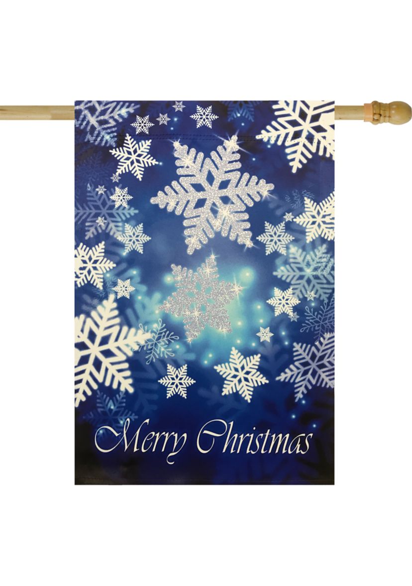 Merry Christmas and Snowflakes Blue and White Garden Flag 28Inch x 40Inch