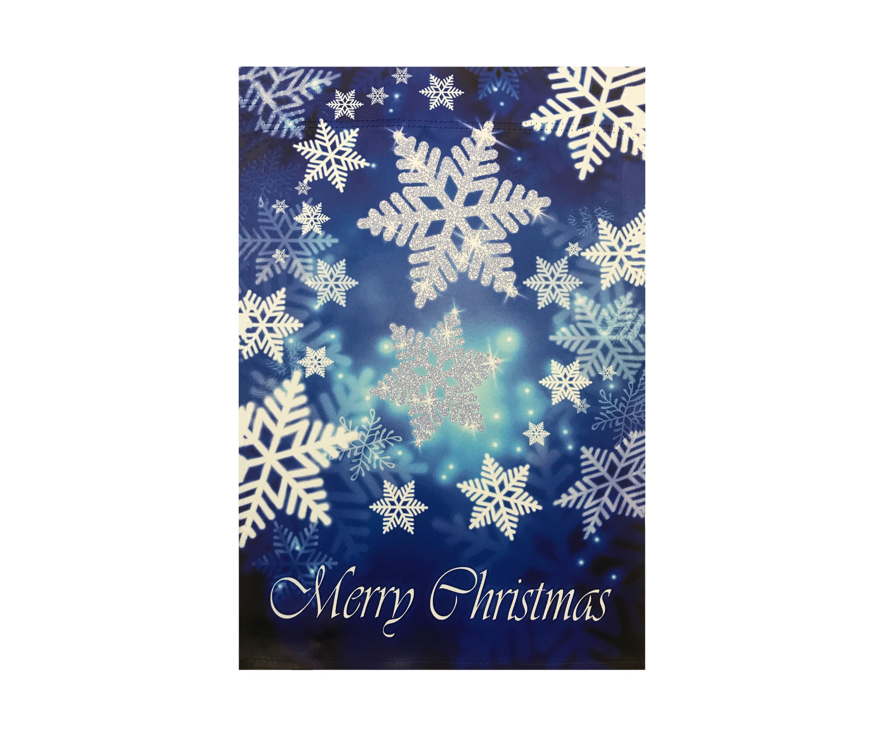 Merry Christmas and Snowflakes Blue and White Garden Flag 28Inch x 40Inch
