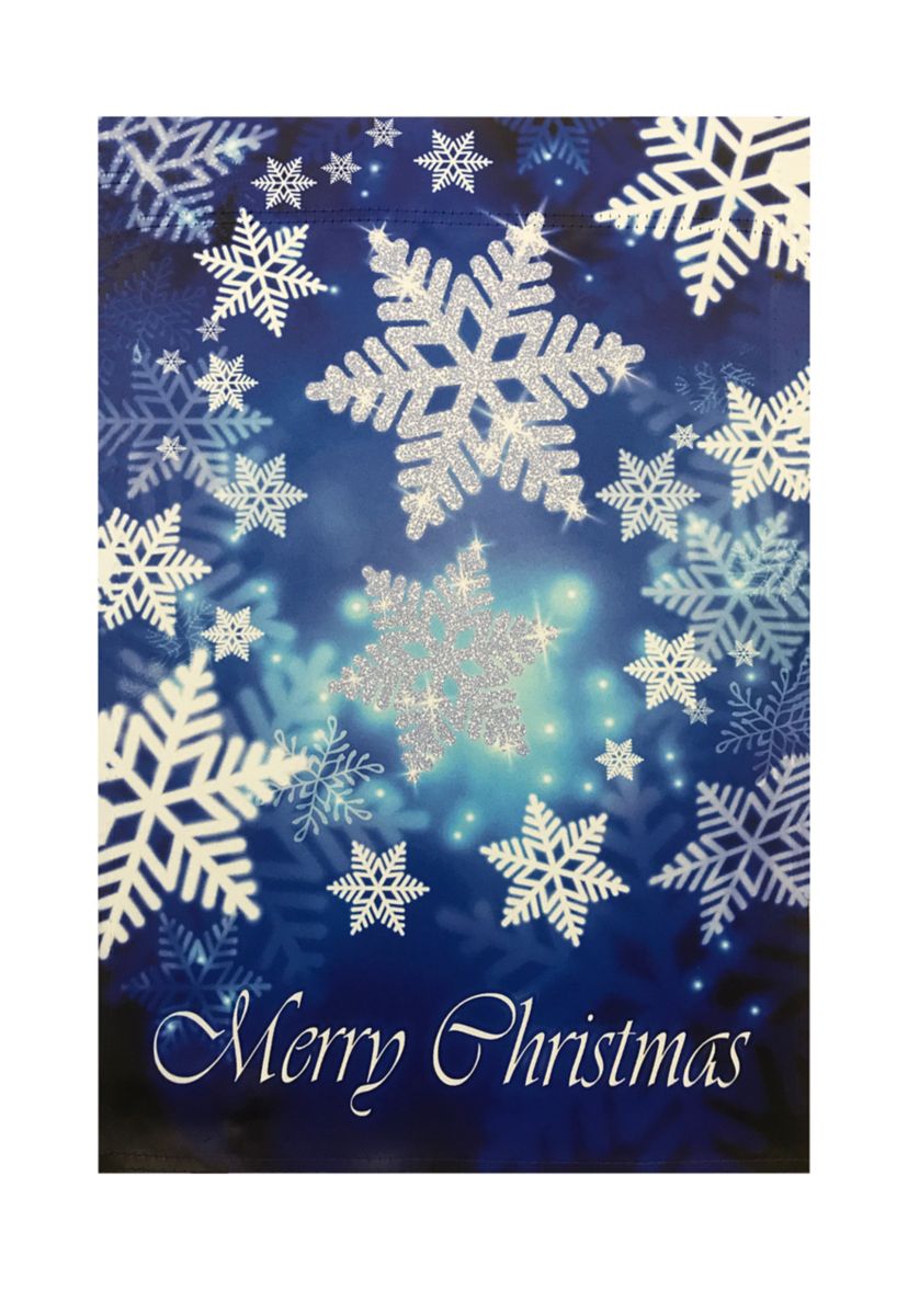 Merry Christmas and Snowflakes Blue and White Garden Flag 28Inch x 40Inch