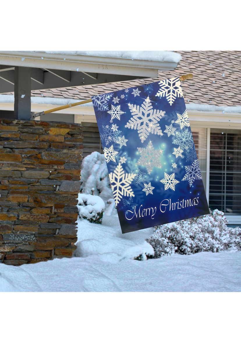 Merry Christmas and Snowflakes Blue and White Garden Flag 28Inch x 40Inch