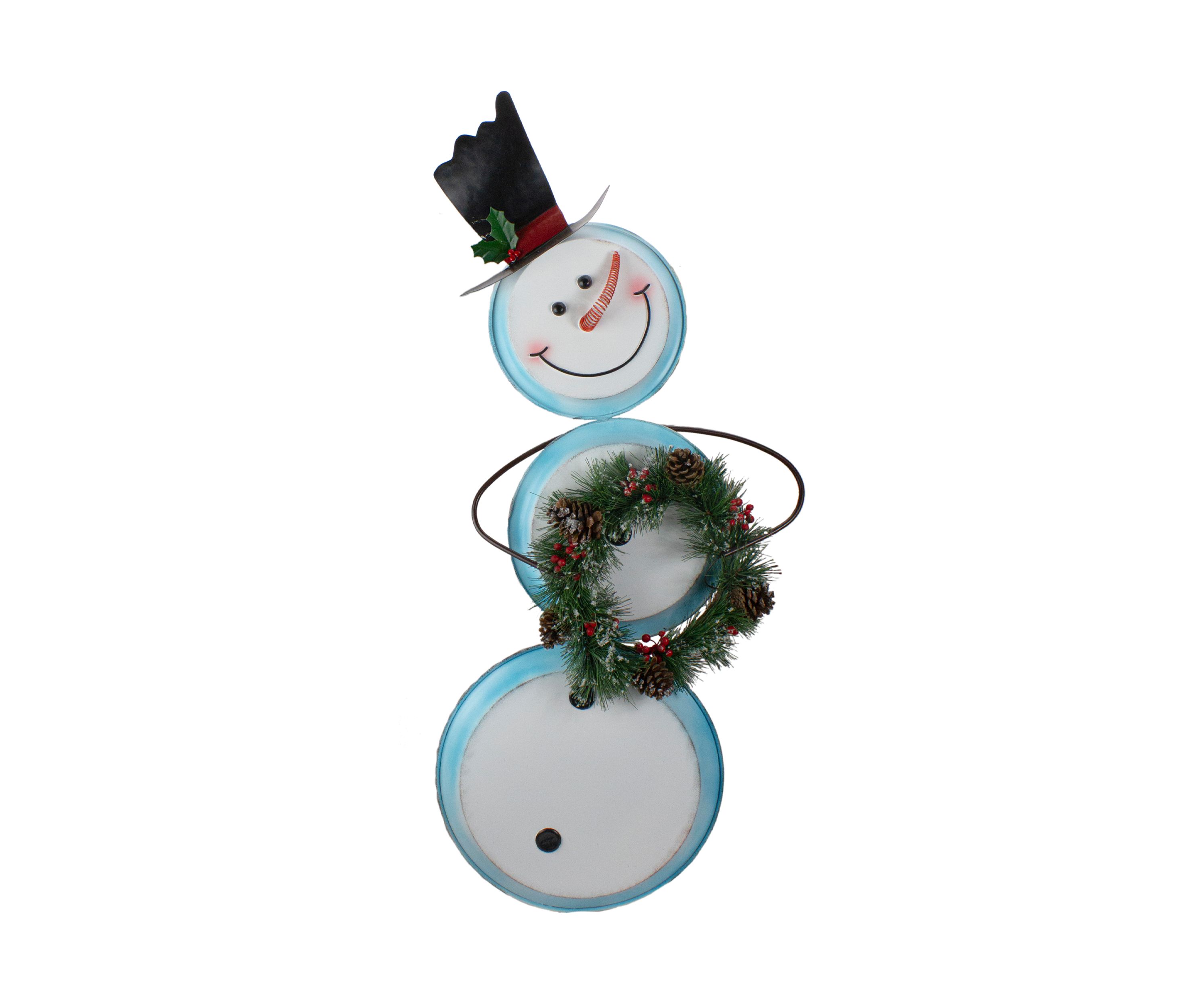 36Inch White and Blue Metal Snowman with Wreath Christmas Floor Decoration