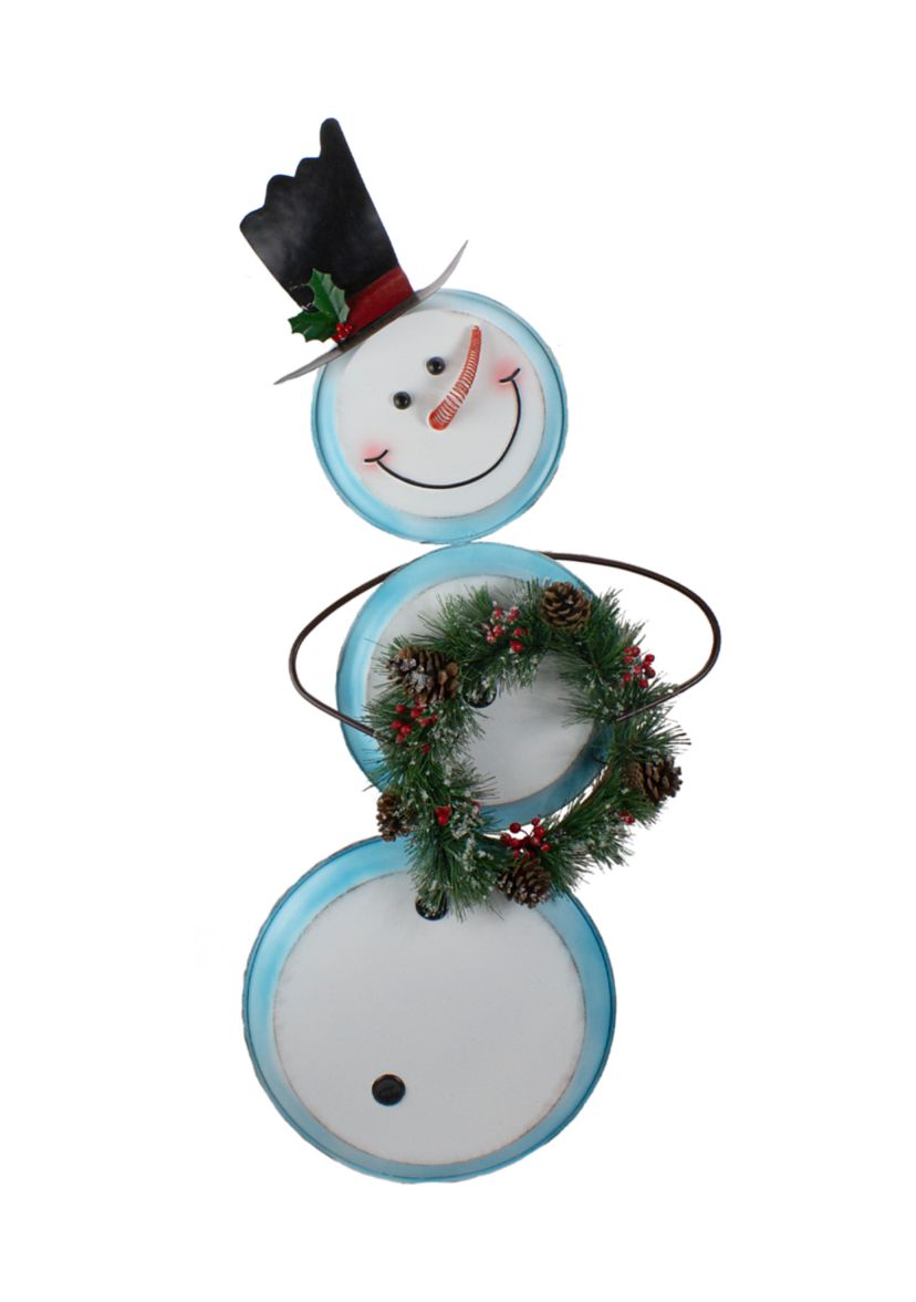 36Inch White and Blue Metal Snowman with Wreath Christmas Floor Decoration