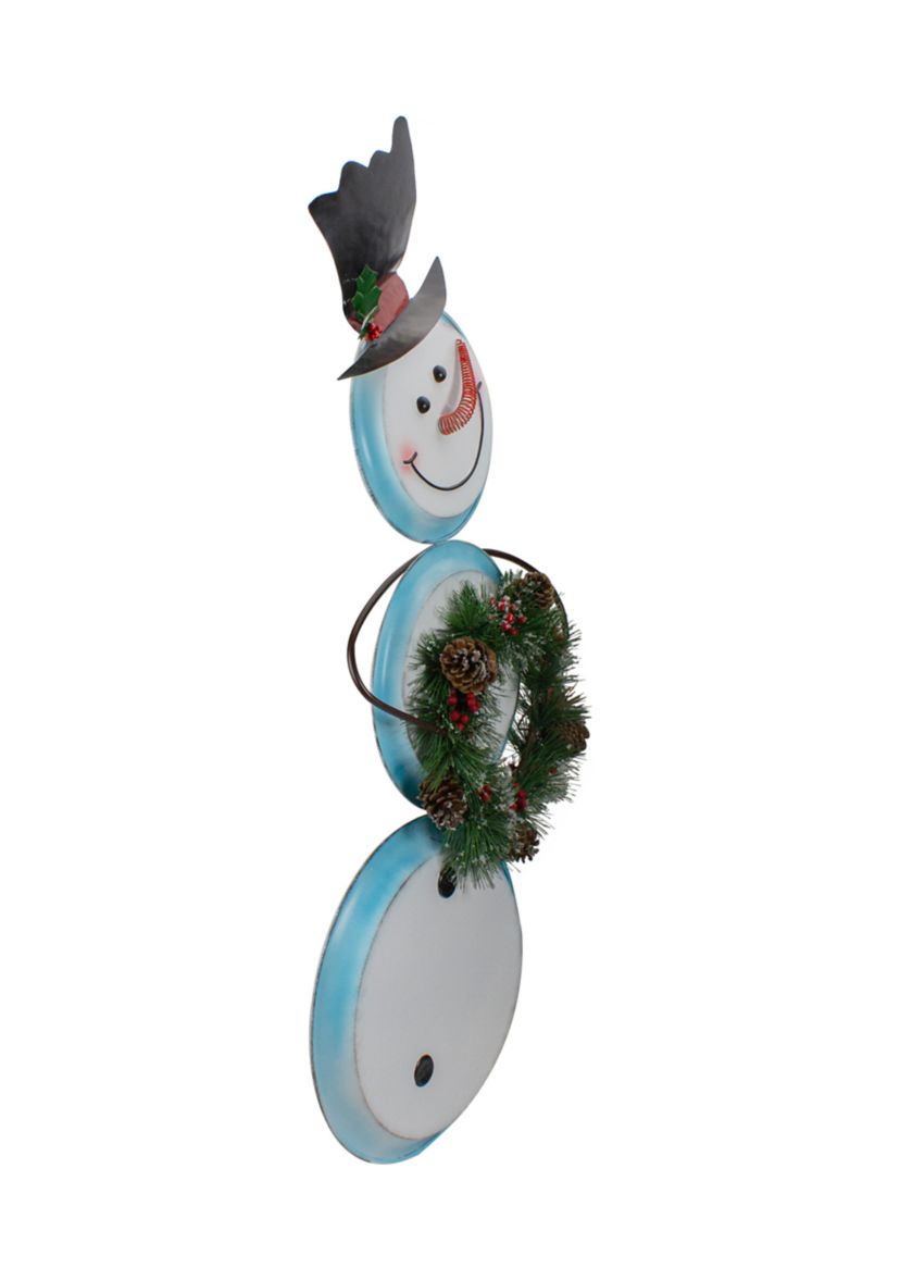 36Inch White and Blue Metal Snowman with Wreath Christmas Floor Decoration