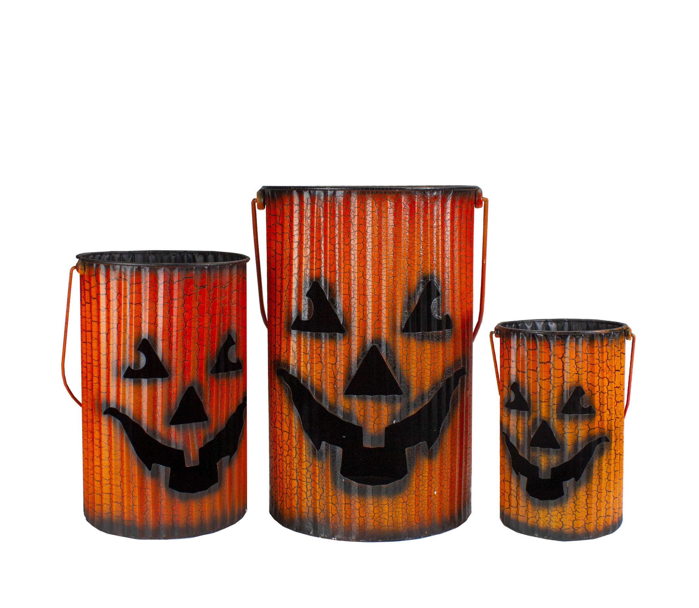 3 Piece Black and Orange Metal Pumpkin Lantern Set Halloween Decoration