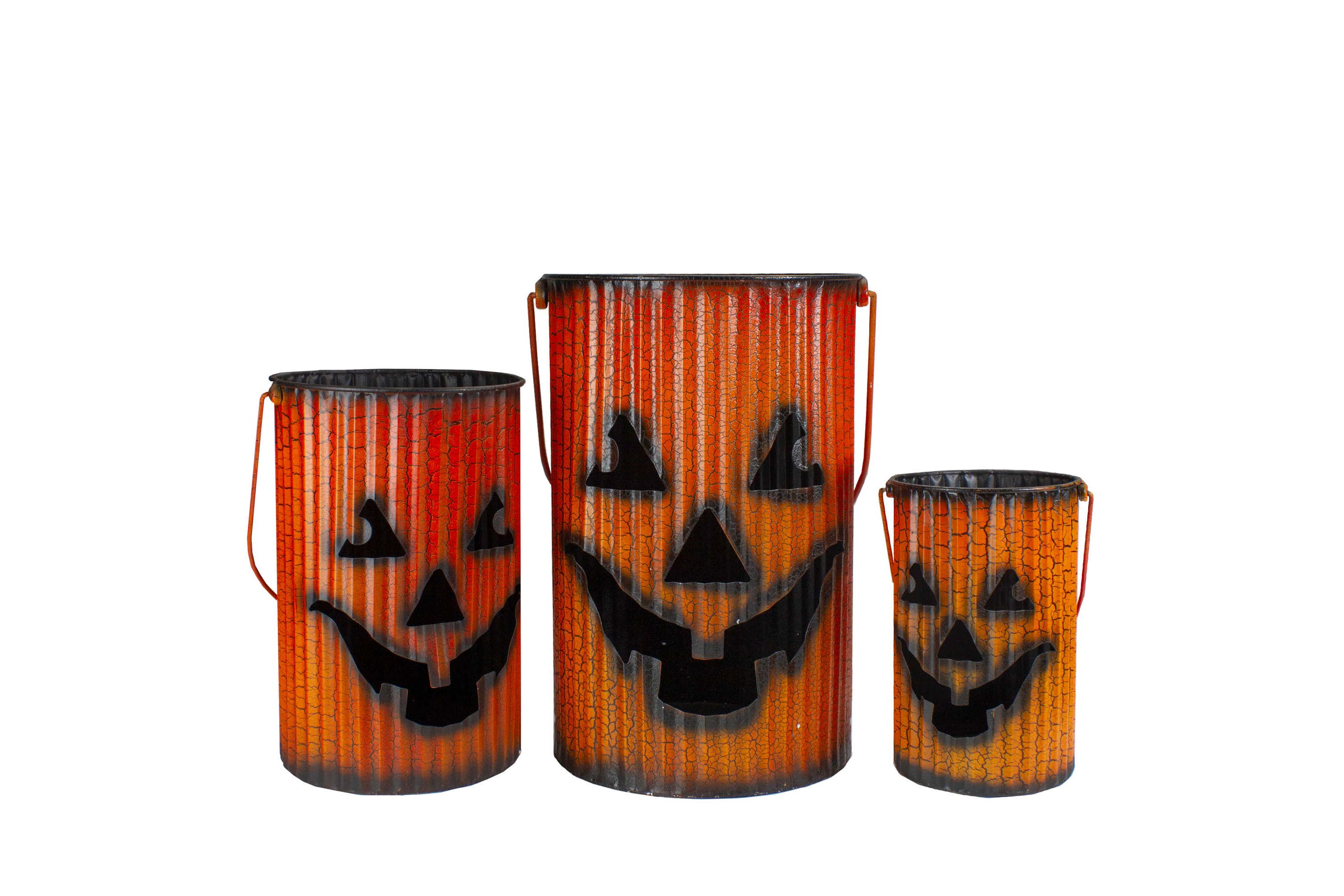 3 Piece Black and Orange Metal Pumpkin Lantern Set Halloween Decoration