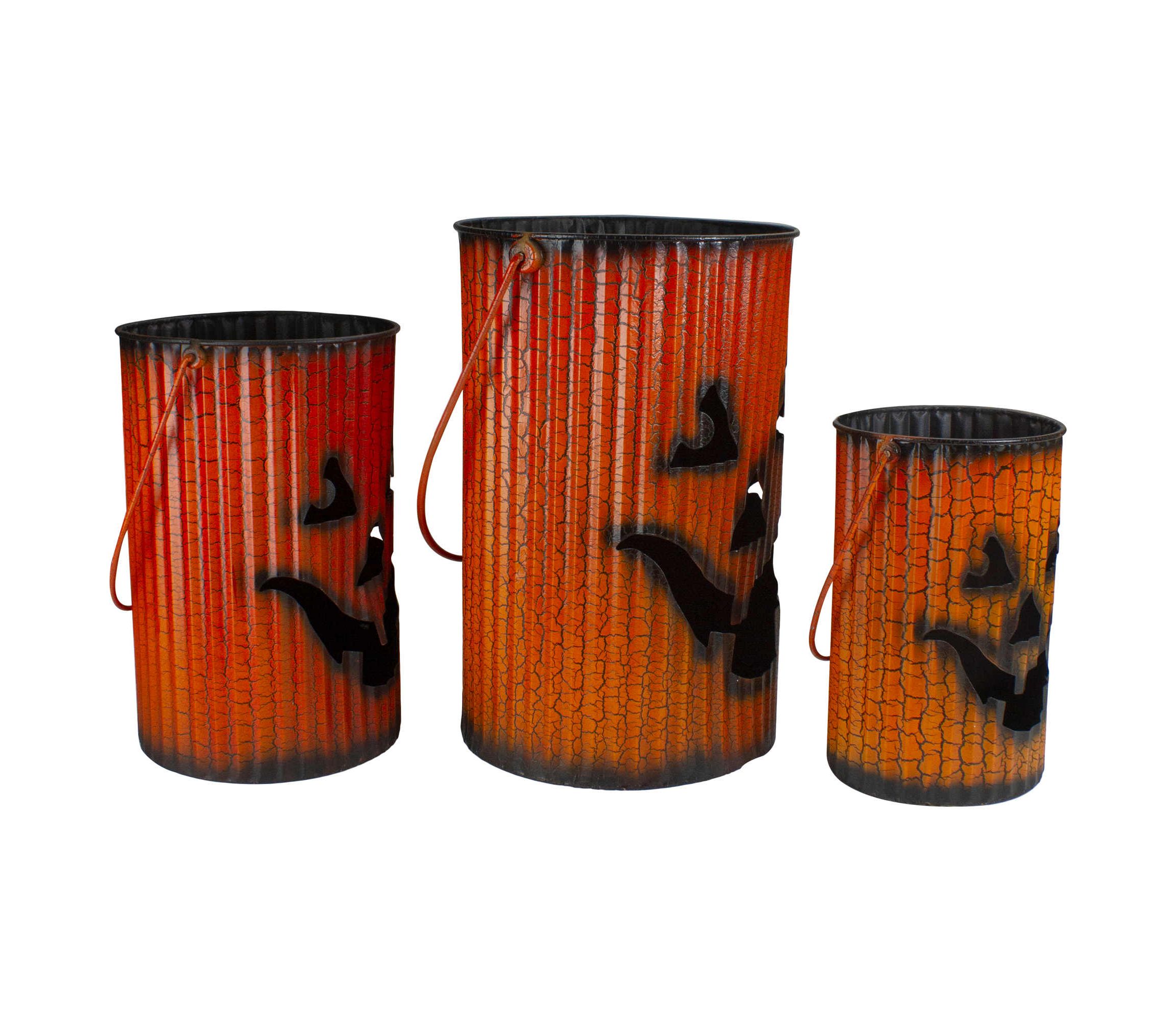 3 Piece Black and Orange Metal Pumpkin Lantern Set Halloween Decoration