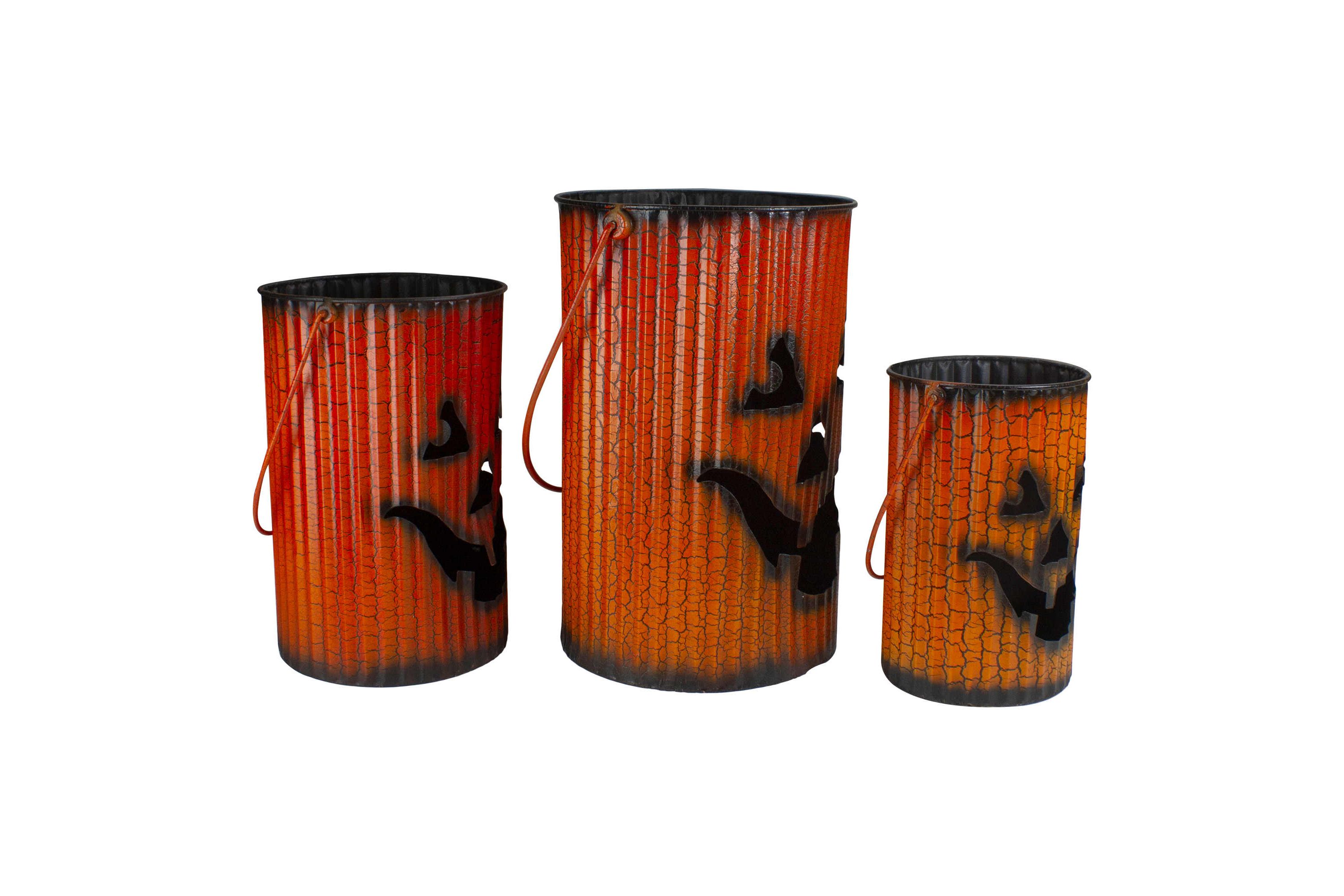 3 Piece Black and Orange Metal Pumpkin Lantern Set Halloween Decoration