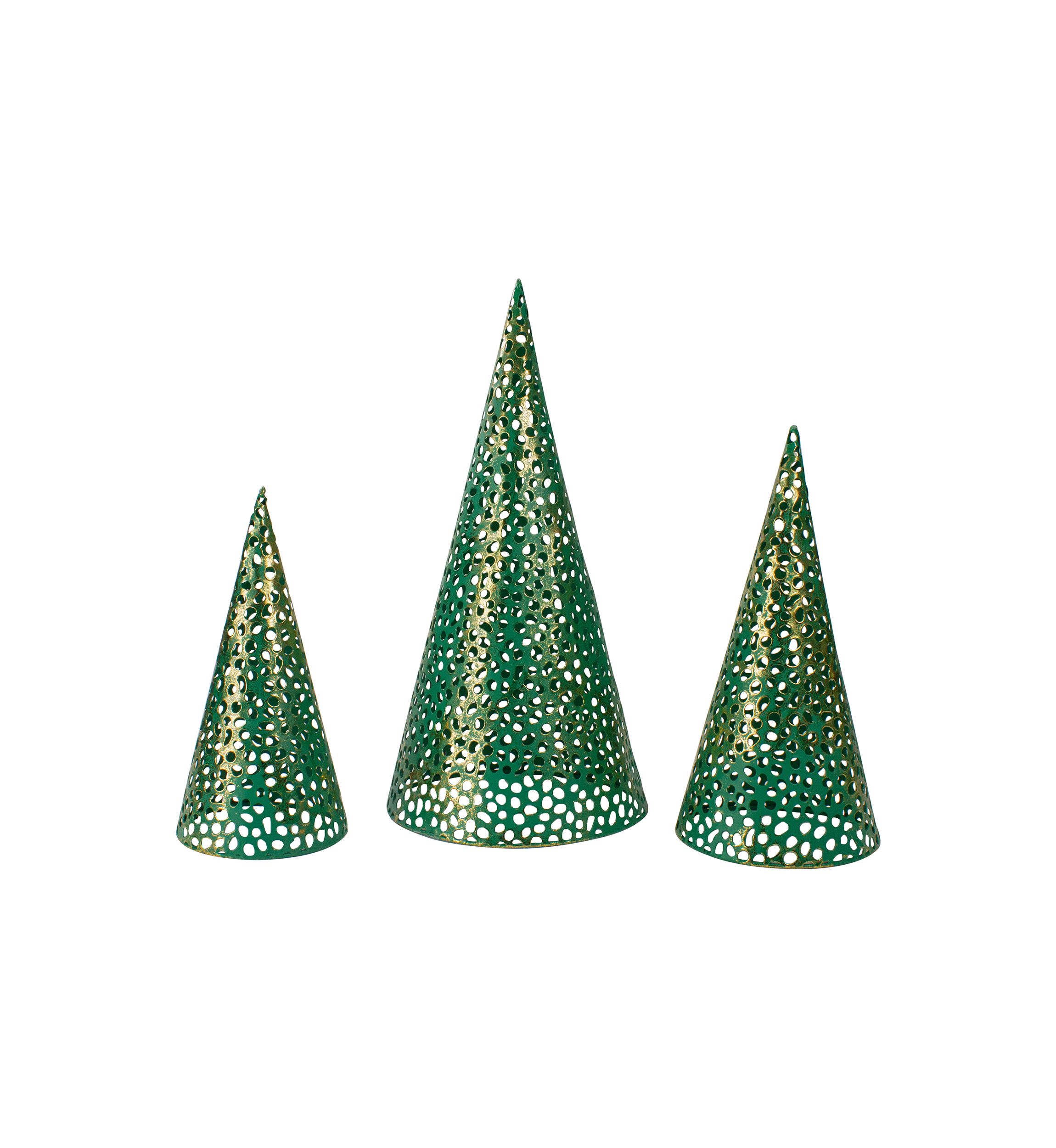 Set of 3 Green and Gold Christmas Tabletop Cone Trees 16Inch