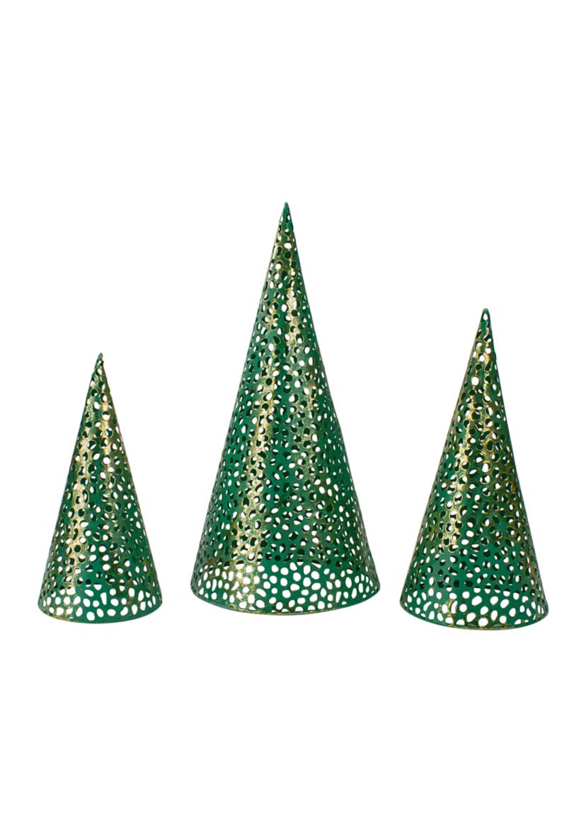 Set of 3 Green and Gold Christmas Tabletop Cone Trees 16Inch